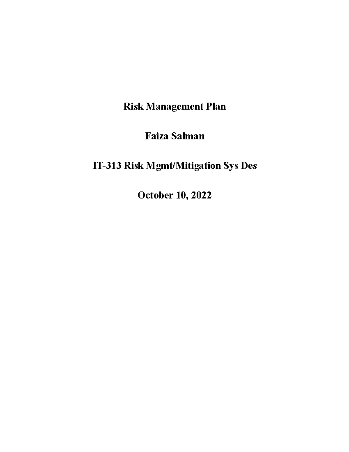 IT 313 7-2 Submit Project Two Risk Management Plan - Risk Management ...