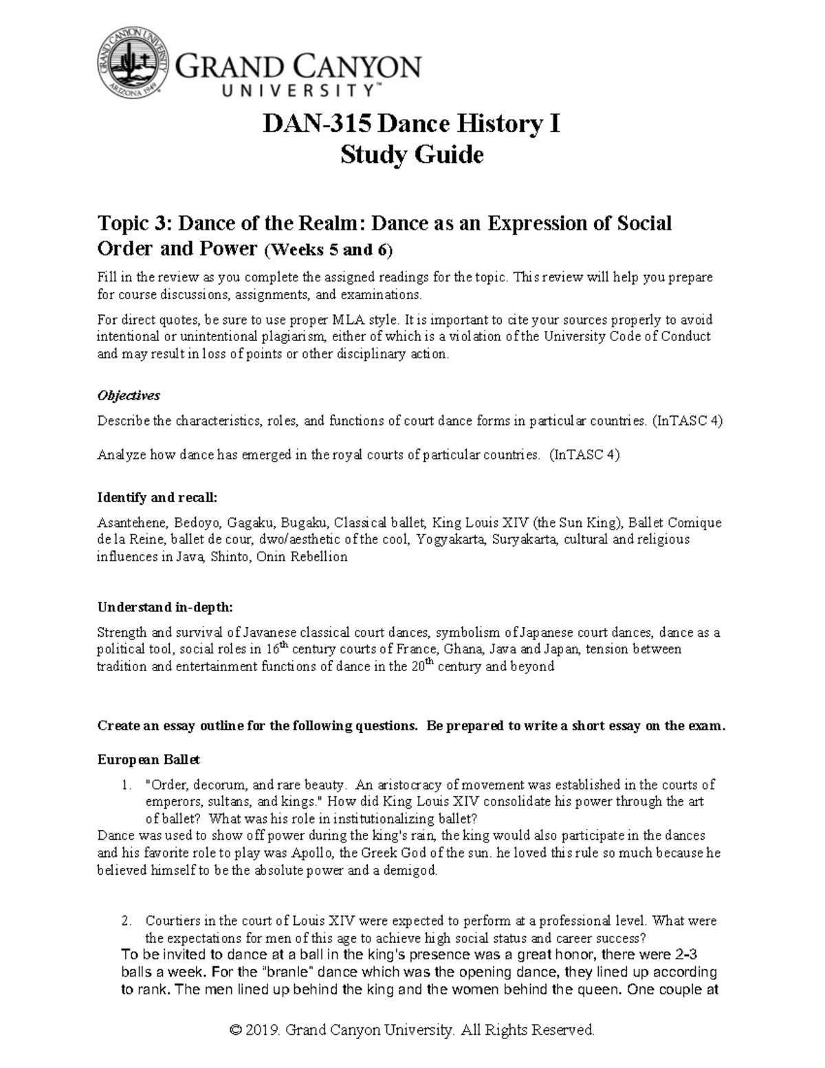 DAN 315 RS T3Study Guide - DAN-315 Dance History I Study Guide Topic 3 ...