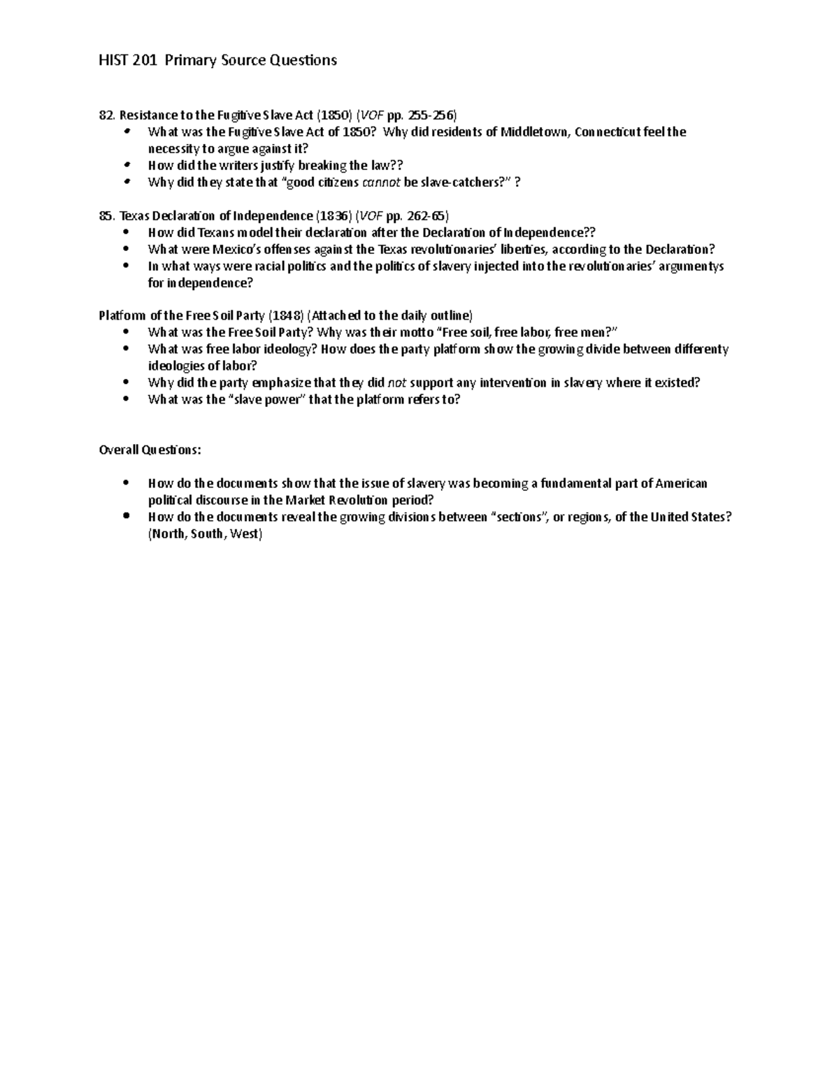 Questions For Politics And Disunion Primary Documents - HIST 201 ...