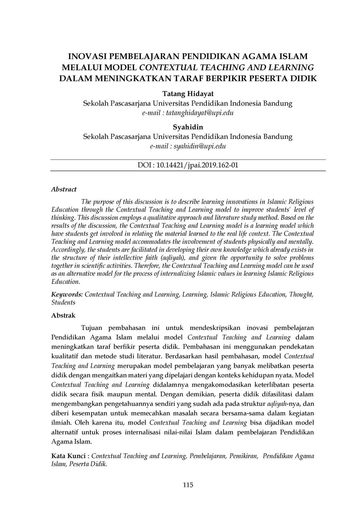 Inovasi Pembelajaran Pendidikan Agama Islammelalui Model Contextual ...