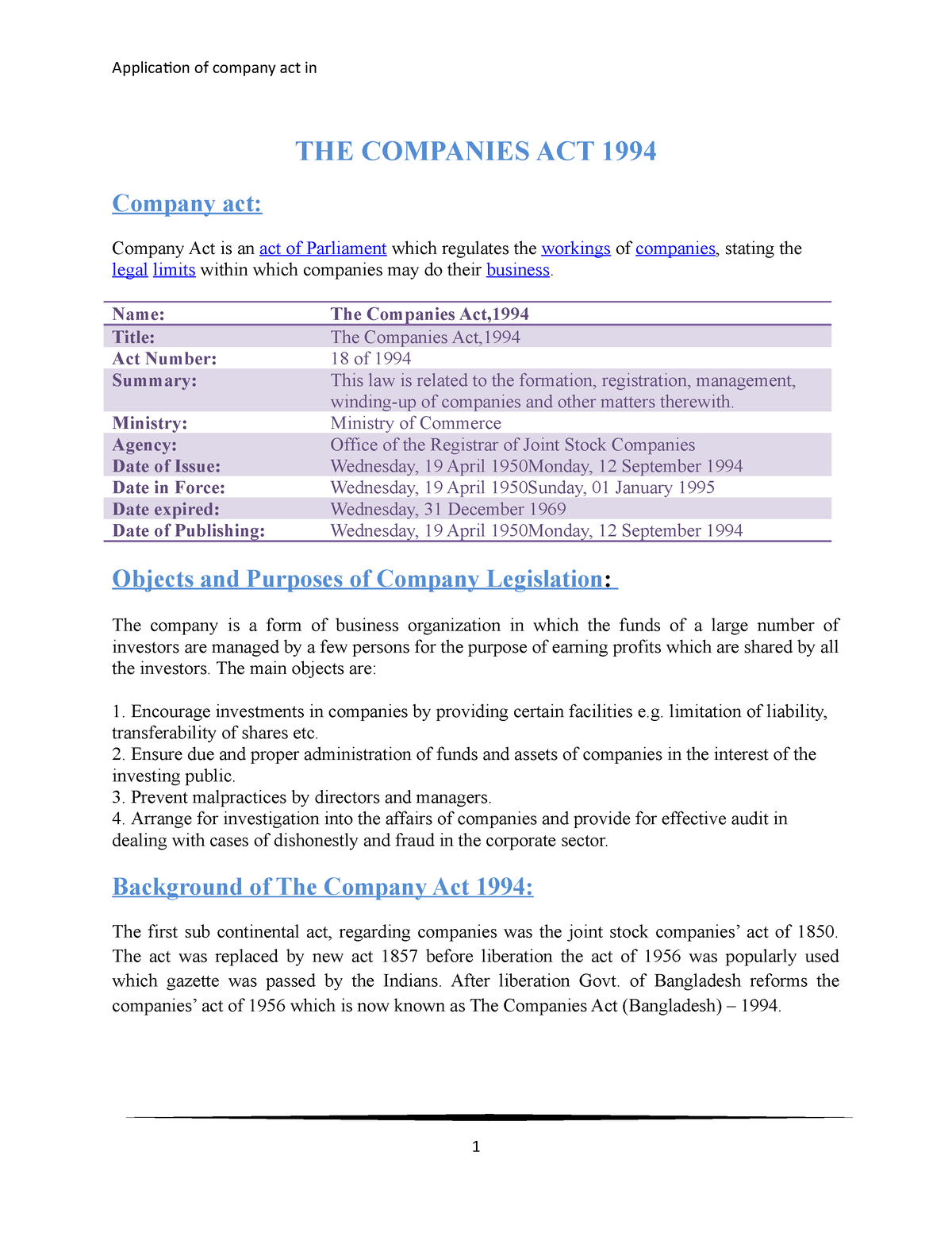 assignment on company act 1994