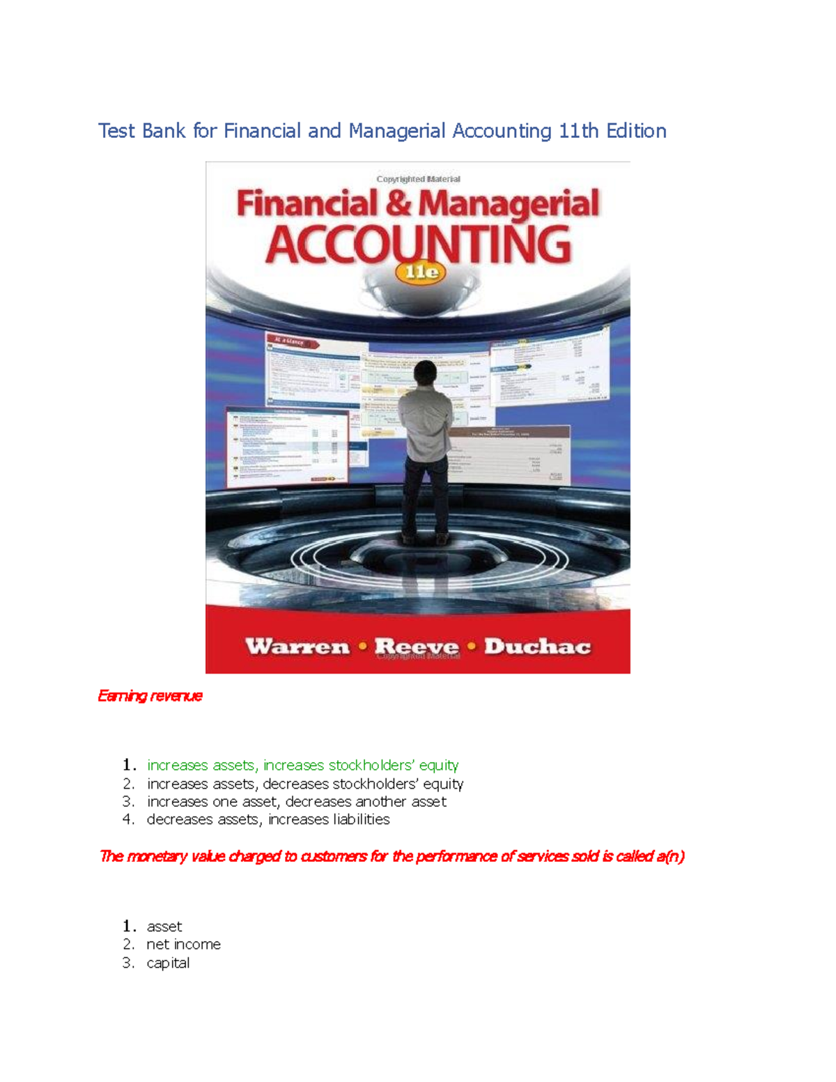 Test Bank for Financial and Managerial Accounting 11th Edition ...
