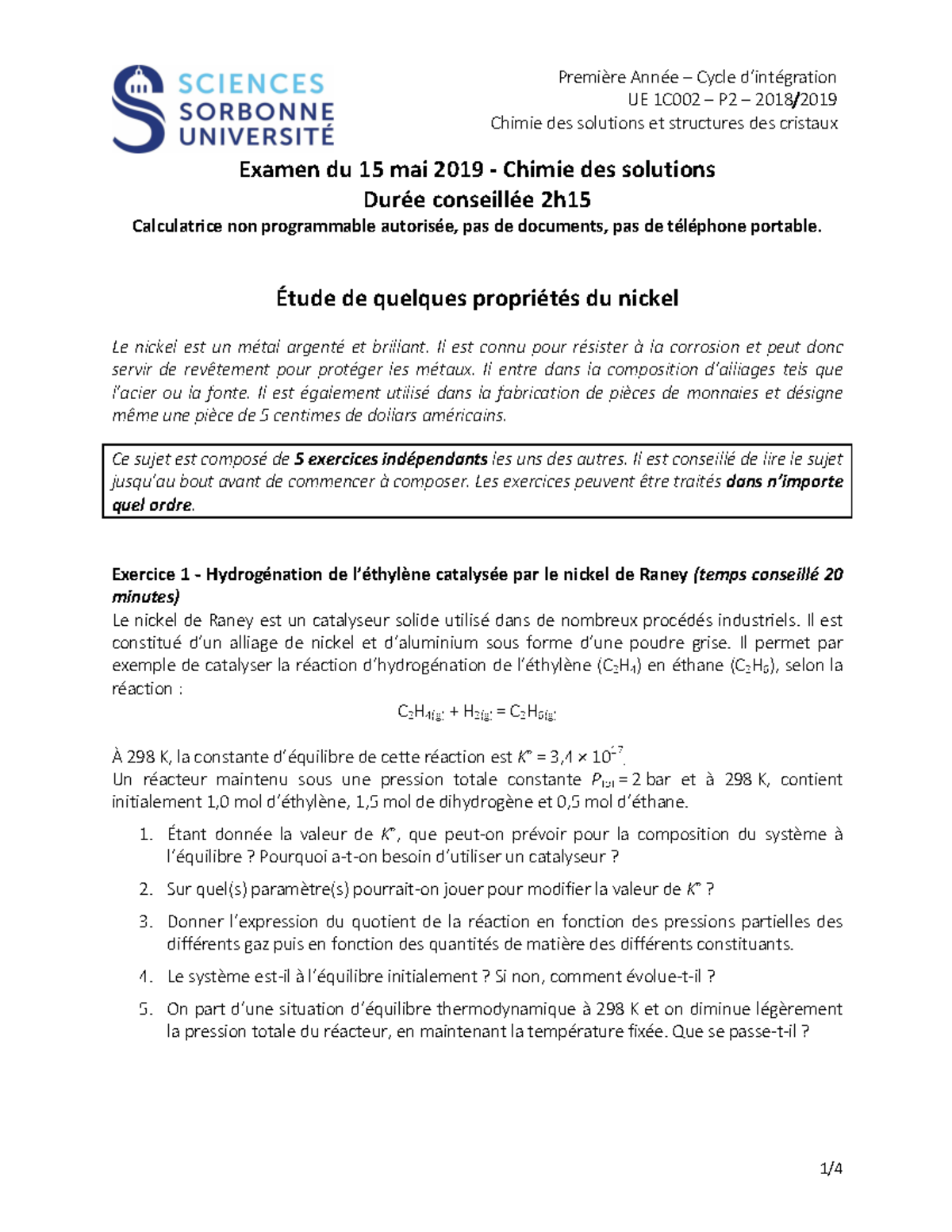 1C002 - Examen Final 2019 - Session 1 - Enoncé - Première Année – Cycle ...