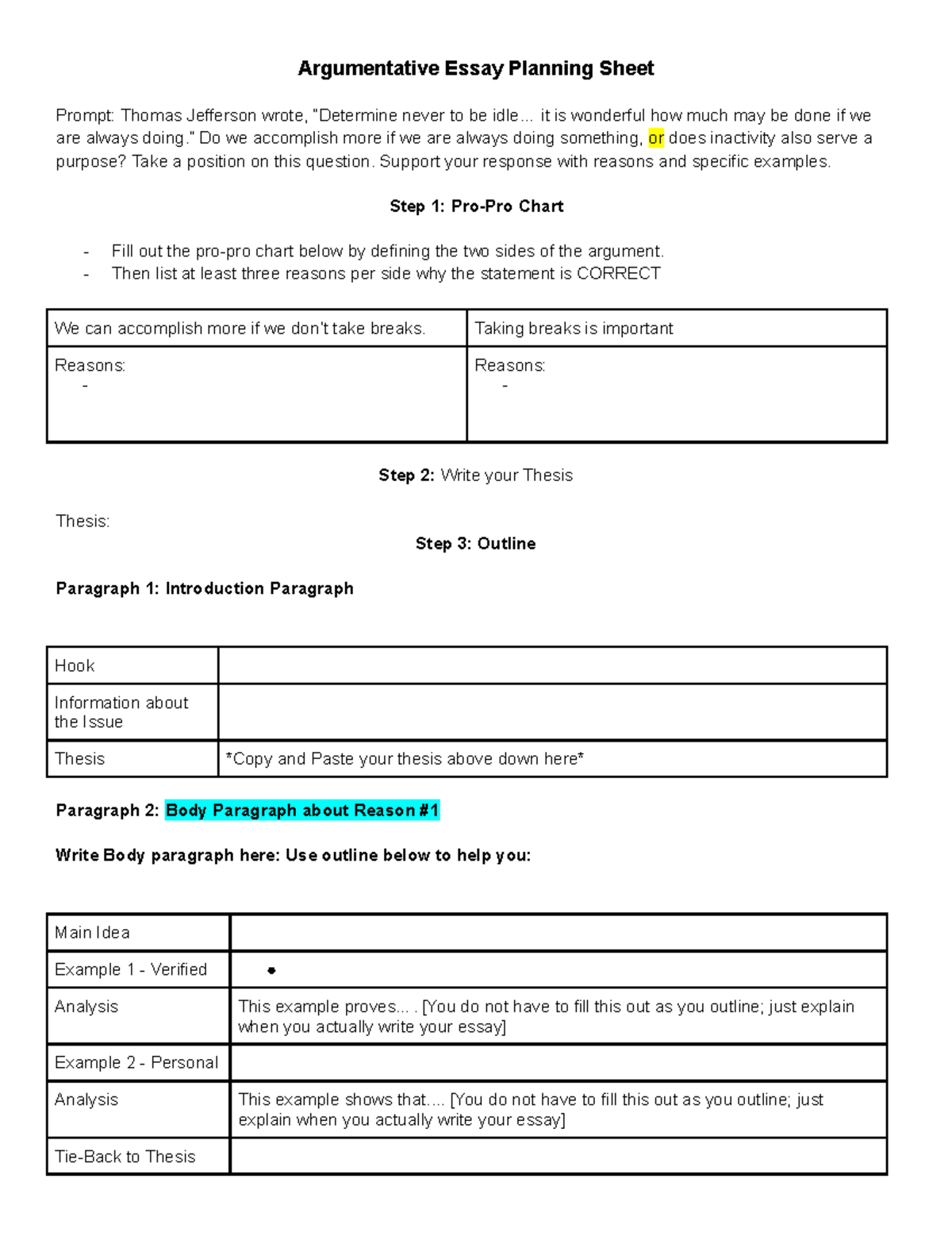 planning sheet for argumentative essay