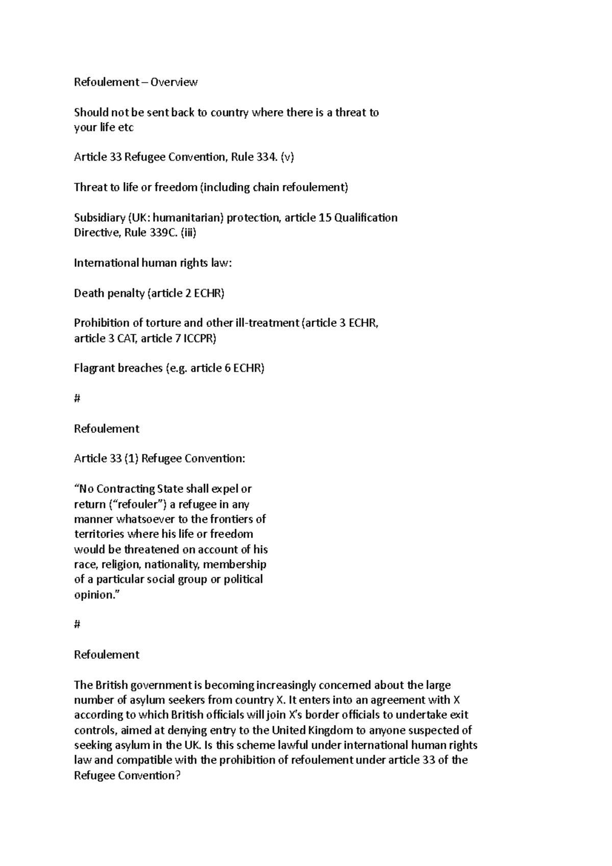 Refoulement (v) Threat to life or freedom (including chain