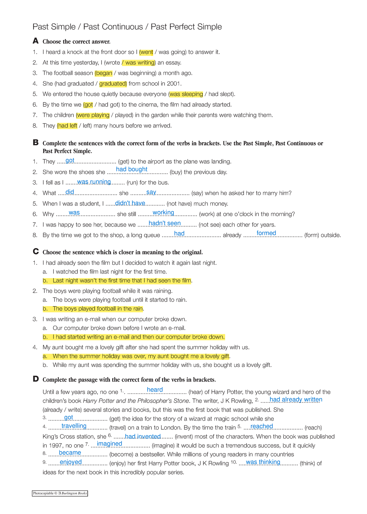 14DDM Past simple- continuous- perfect - C Choose the sentence which is ...