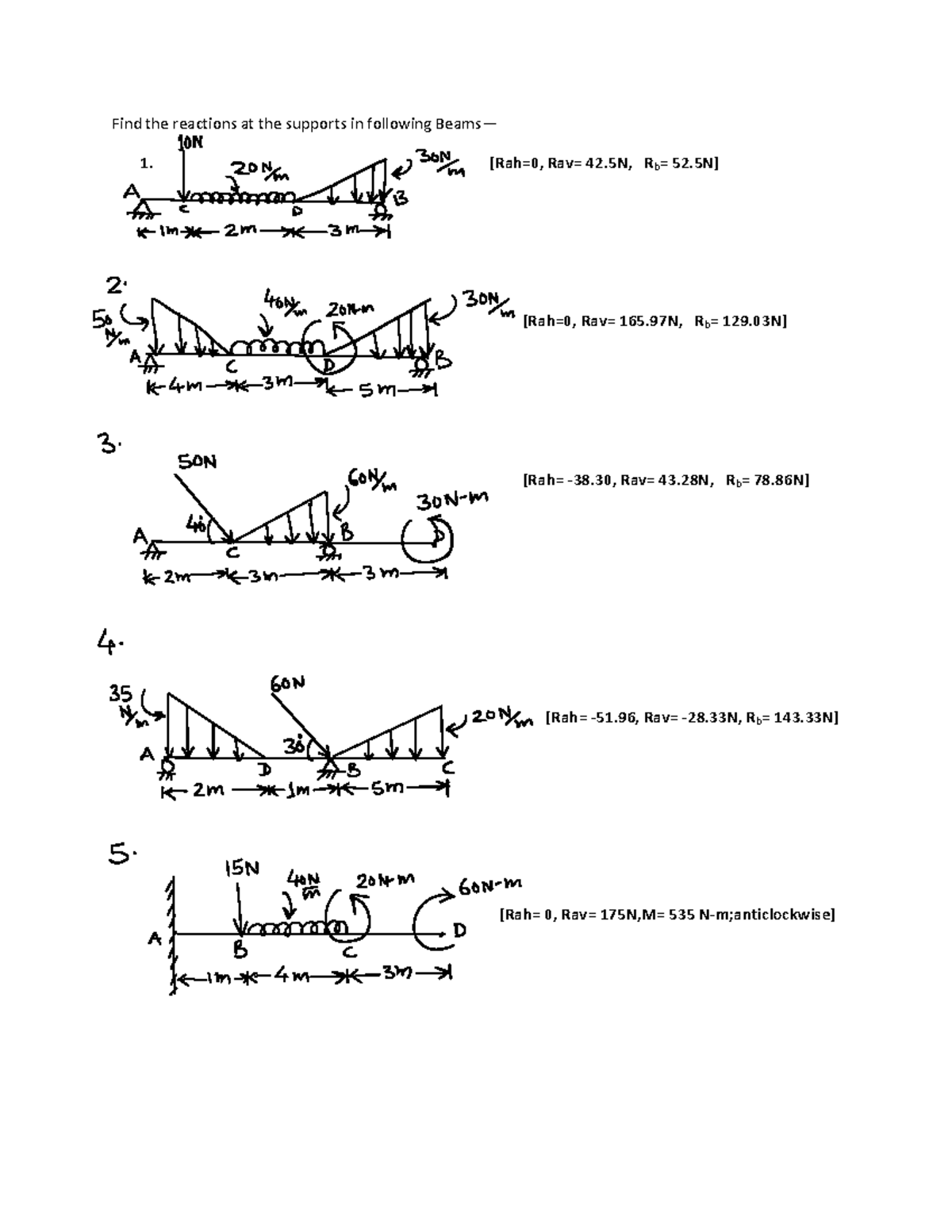 Practice sheet-Beam Reactions - Fundamentals of mechanical engineering ...