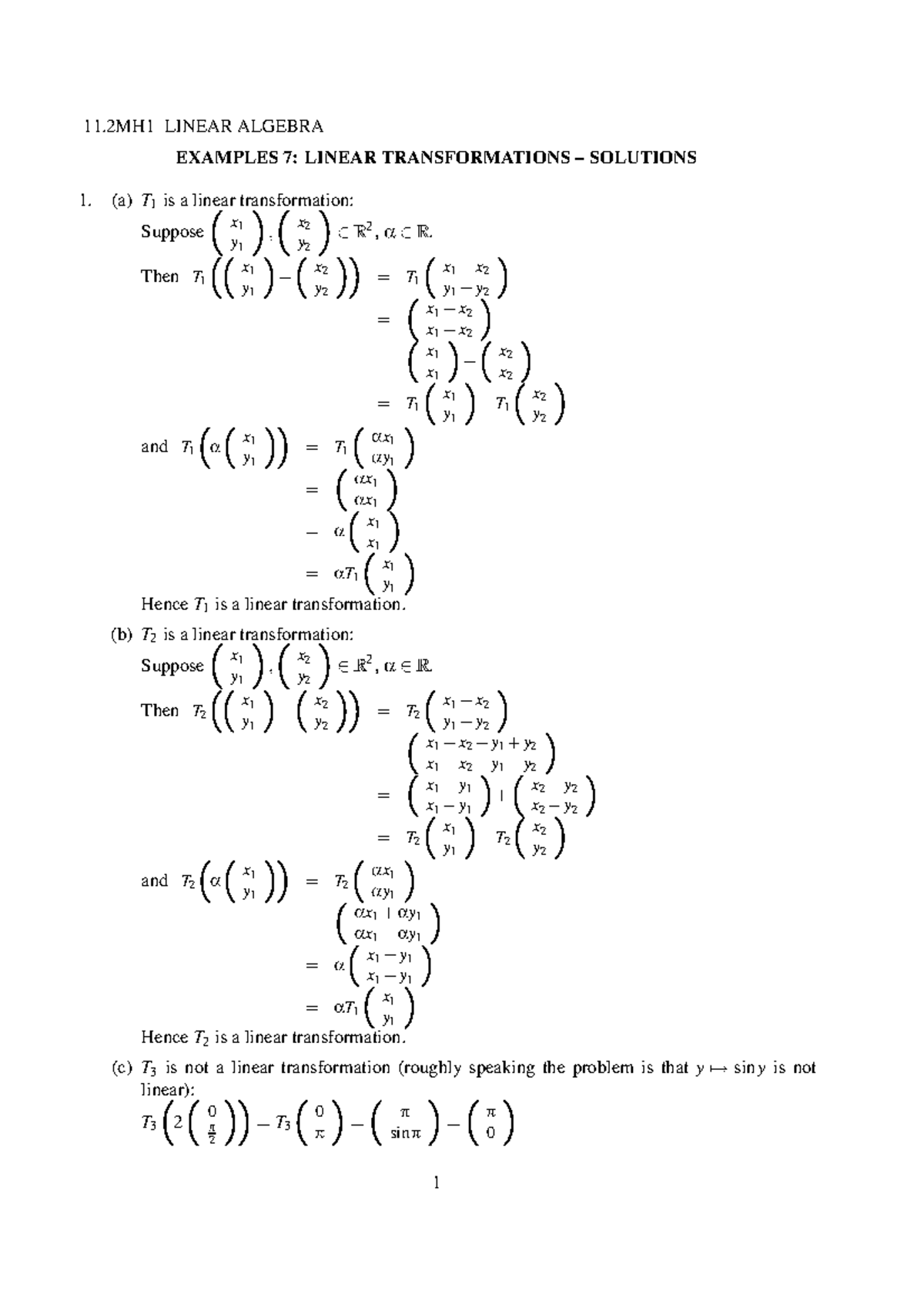 Linear Transformation sol - 11 LINEAR ALGEBRA EXAMPLES 7: LINEAR ...