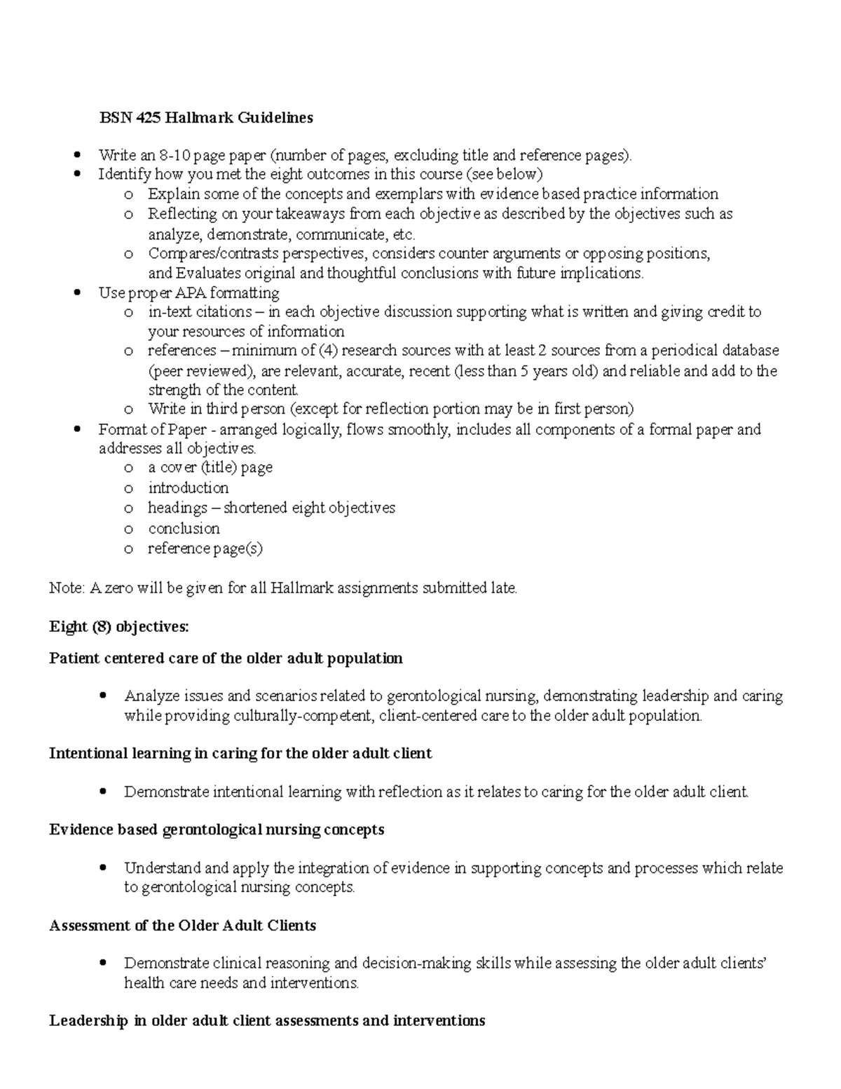 BSN 425 Hallmark Guidelines - BSN 425 Hallmark Guidelines Write an 8-10 ...