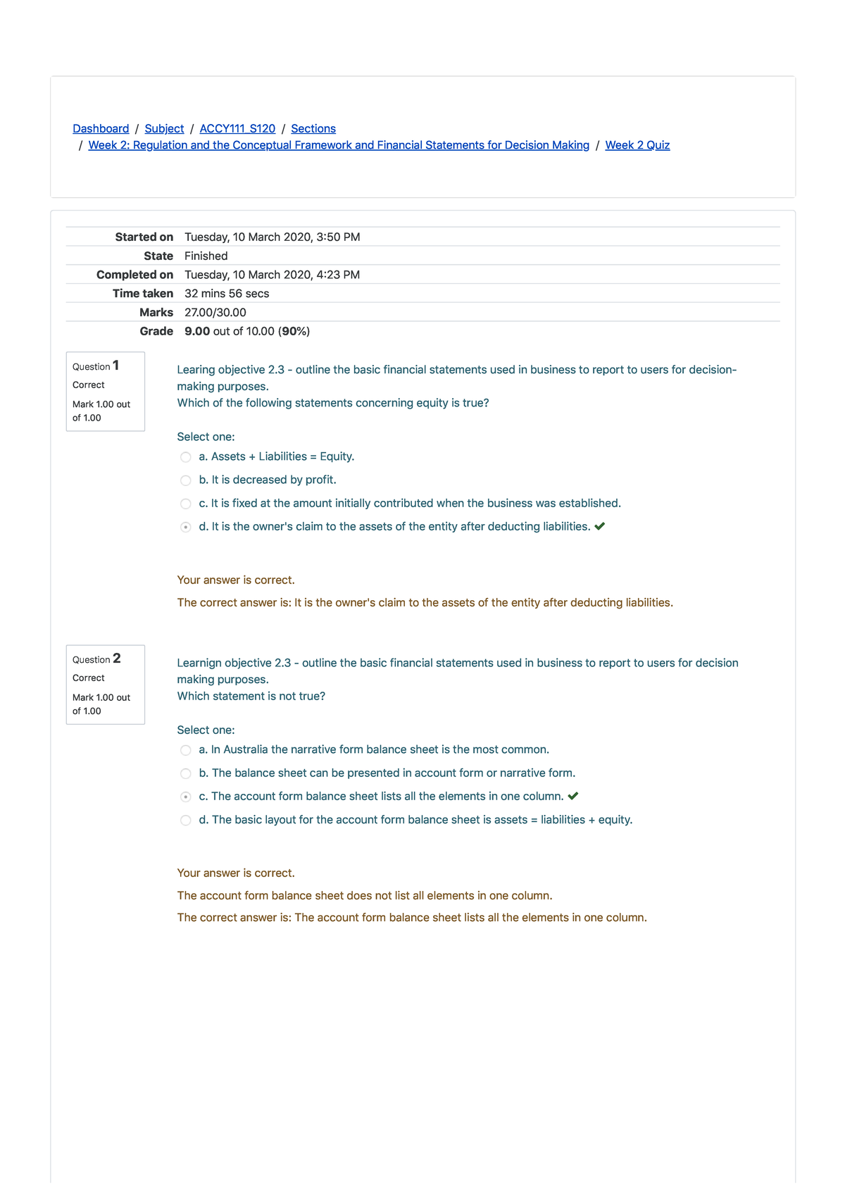 Week 2 Quiz + Answers - Question 1 Correct Mark 1 out of 1. Question 2 ...