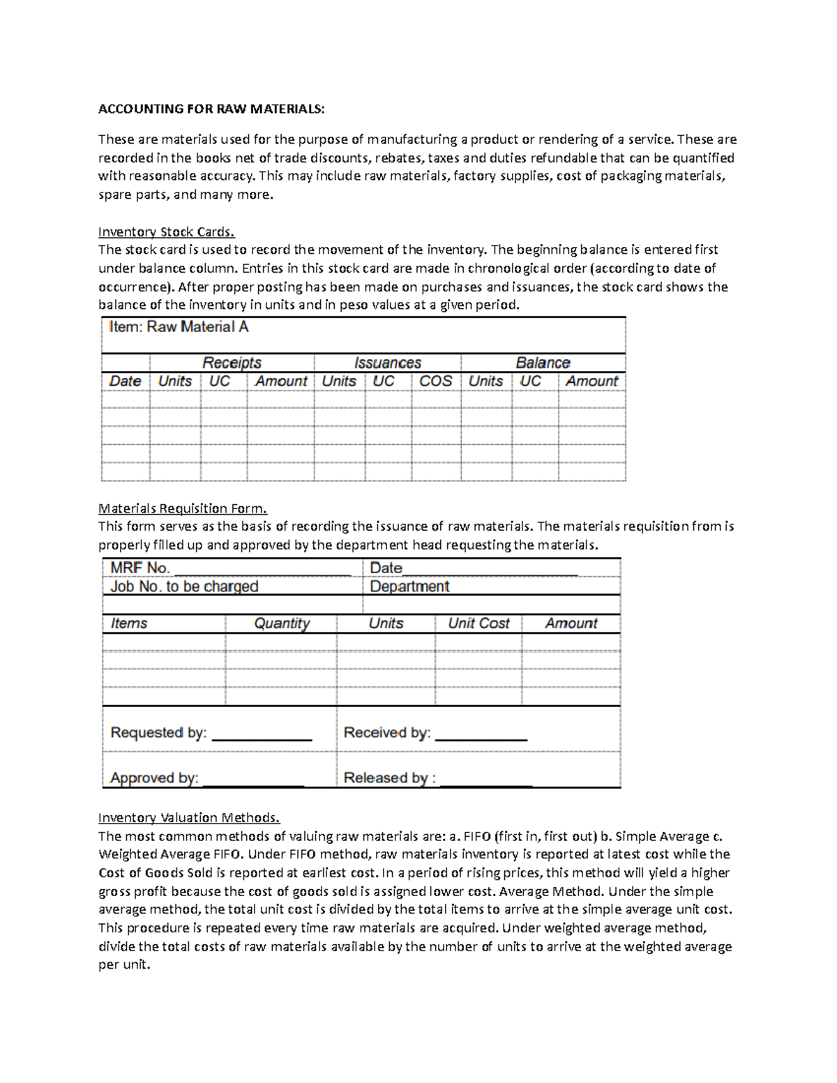Accounting FOR RAW Materials ACCOUNTING FOR RAW MATERIALS These are