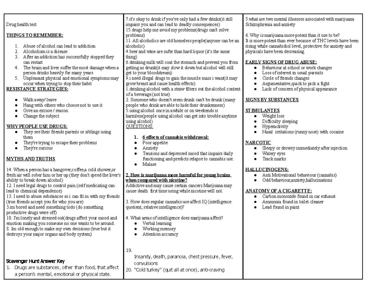 Drug test study notes - Drug health test THINGS TO REMEMBER: Abuse of ...