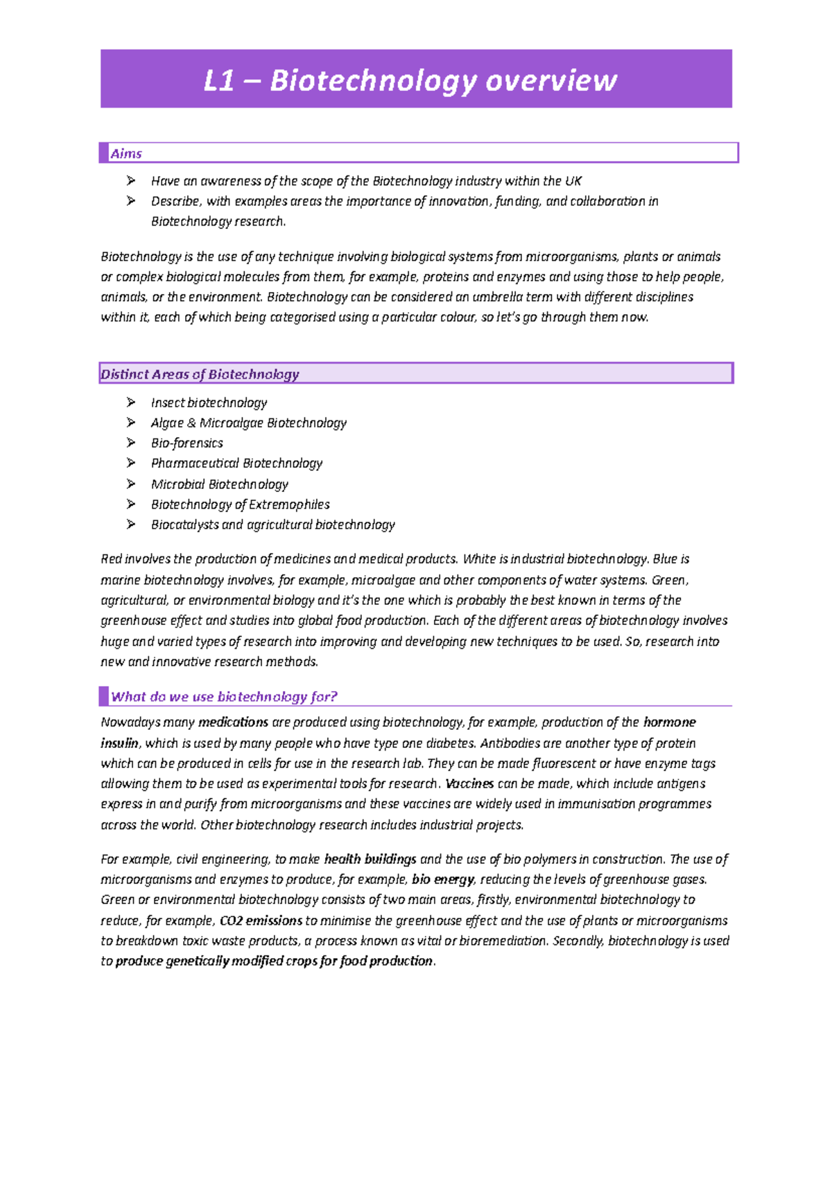 CDLS Biotechnology Lecture Notes - BIOL1001 - Studocu