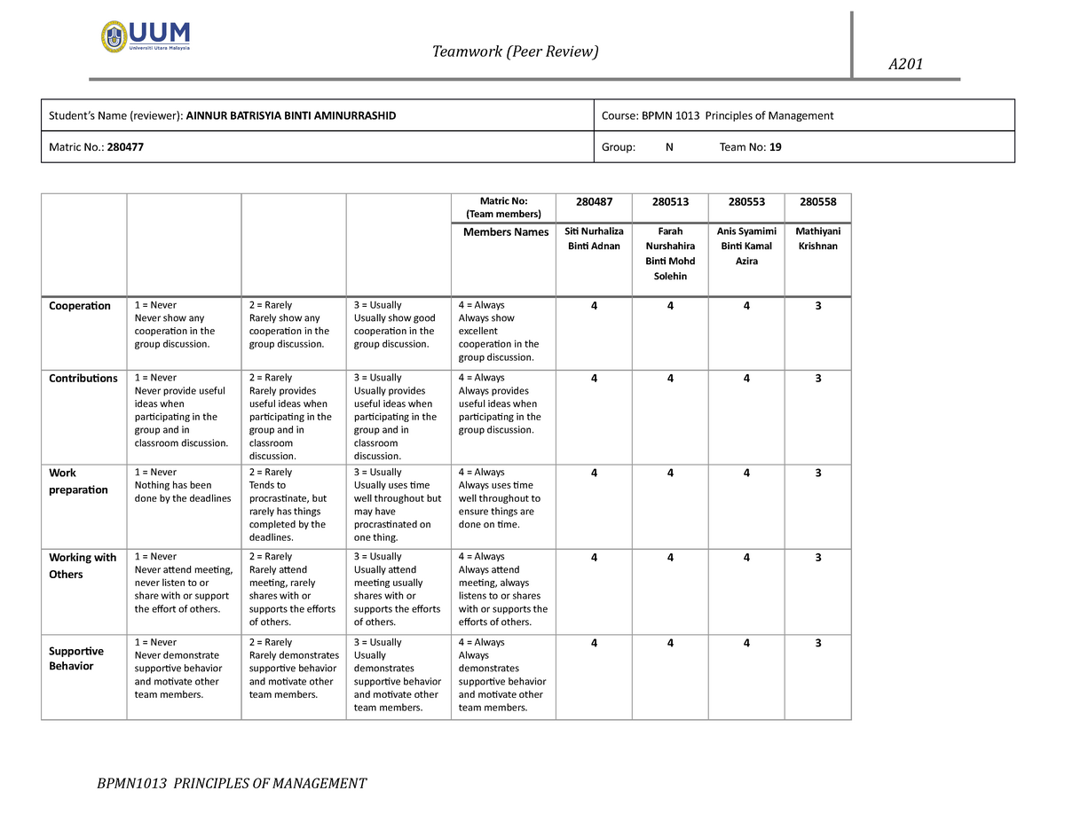 Group N BPMN 1013 Rubric Teamwork Dec 2020 - Teamwork (Peer Review) A ...