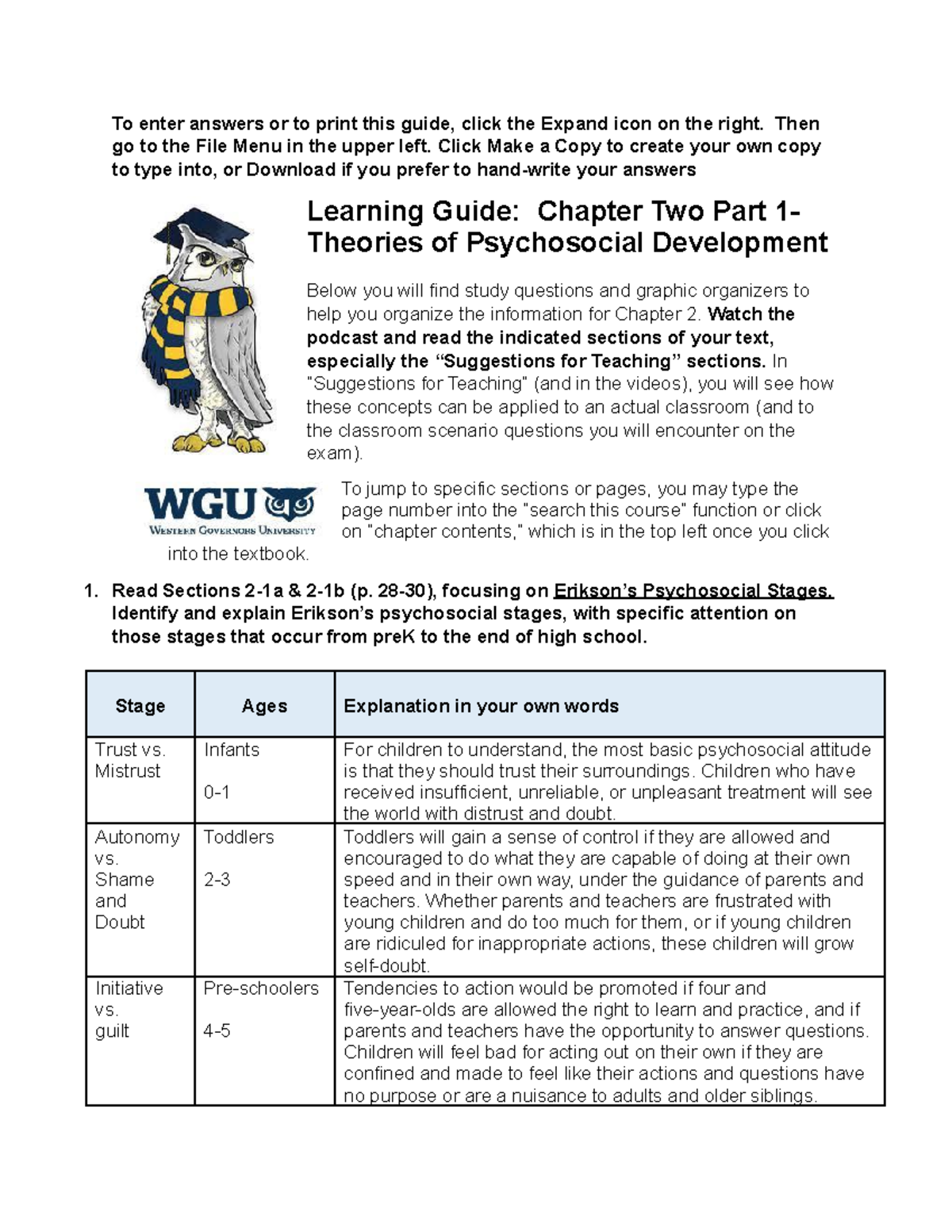 Chapter 2 pt 1 - Learning Guide - To enter answers or to print this ...