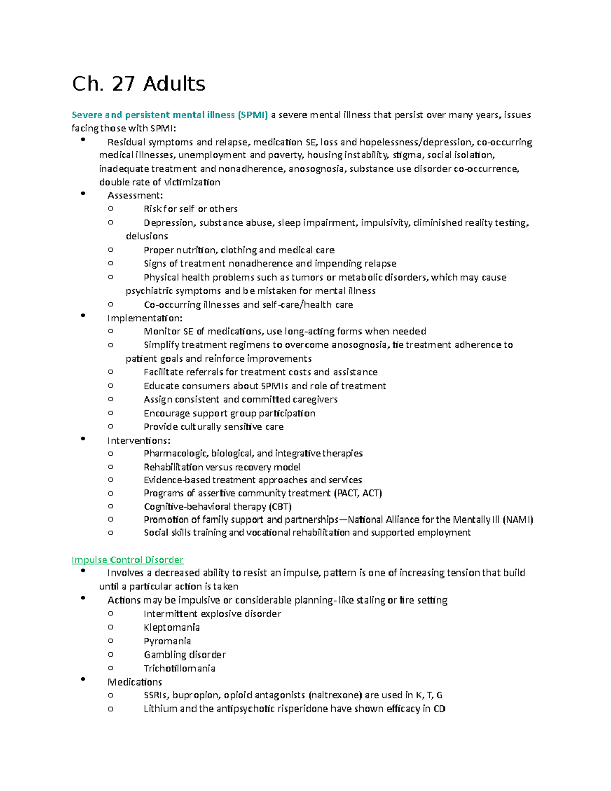 Psych ch 27 adults notes - Ch. 27 Adults Severe and persistent mental ...