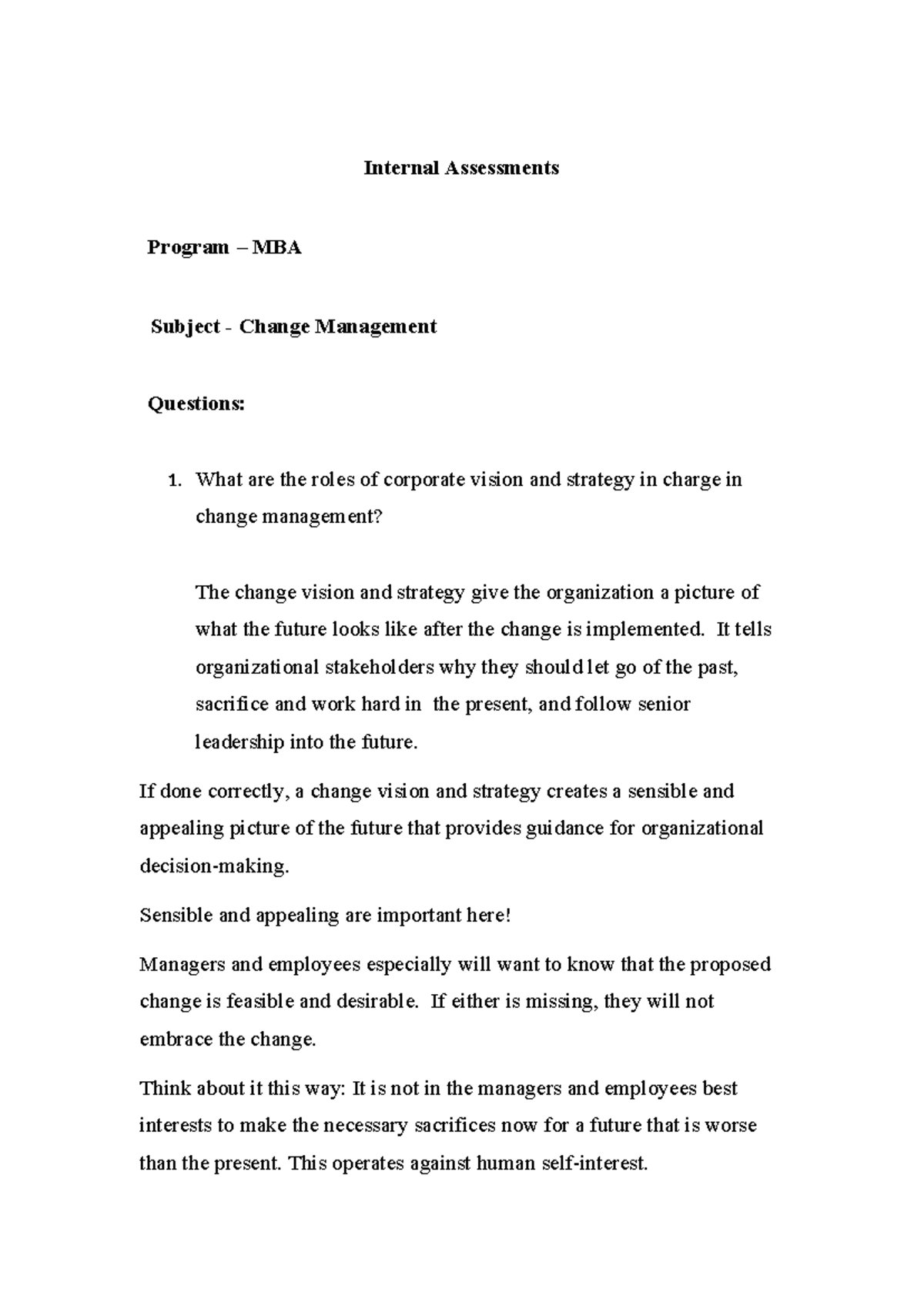 Change Management-E1 - Internal Assessments Program – MBA Subject ...