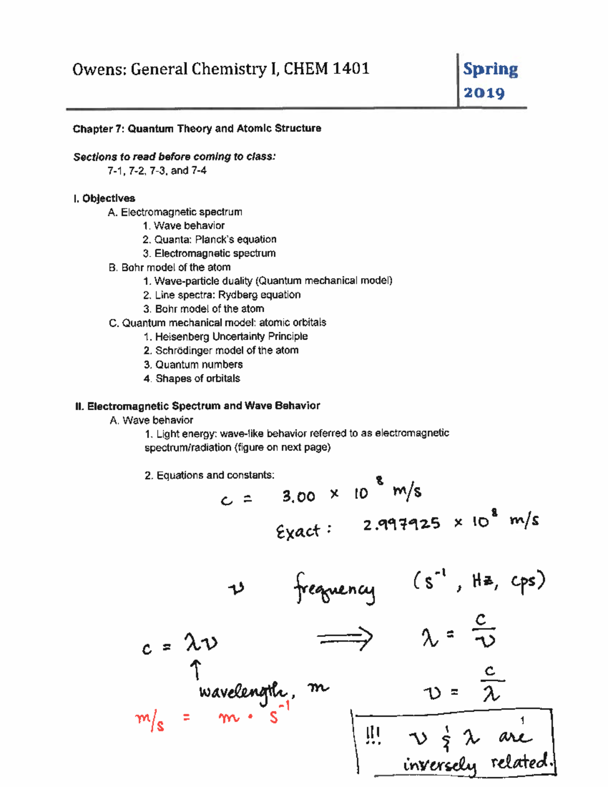 Ch7notes 2 - Lecture notes CH7 - Owens: General Chemistry I, CHEM 1401 ...