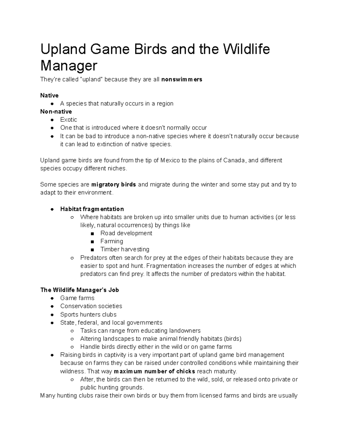 Upland Game Birds and the Wildlife Manager Upland Game Birds and the