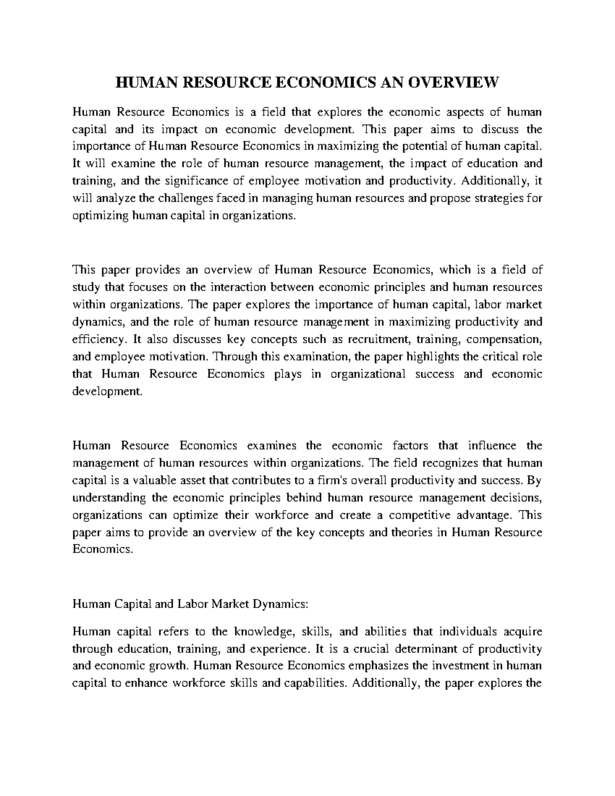 Human Resource Economics AN Overview HUMAN RESOURCE ECONOMICS AN OVERVIEW Human Resource