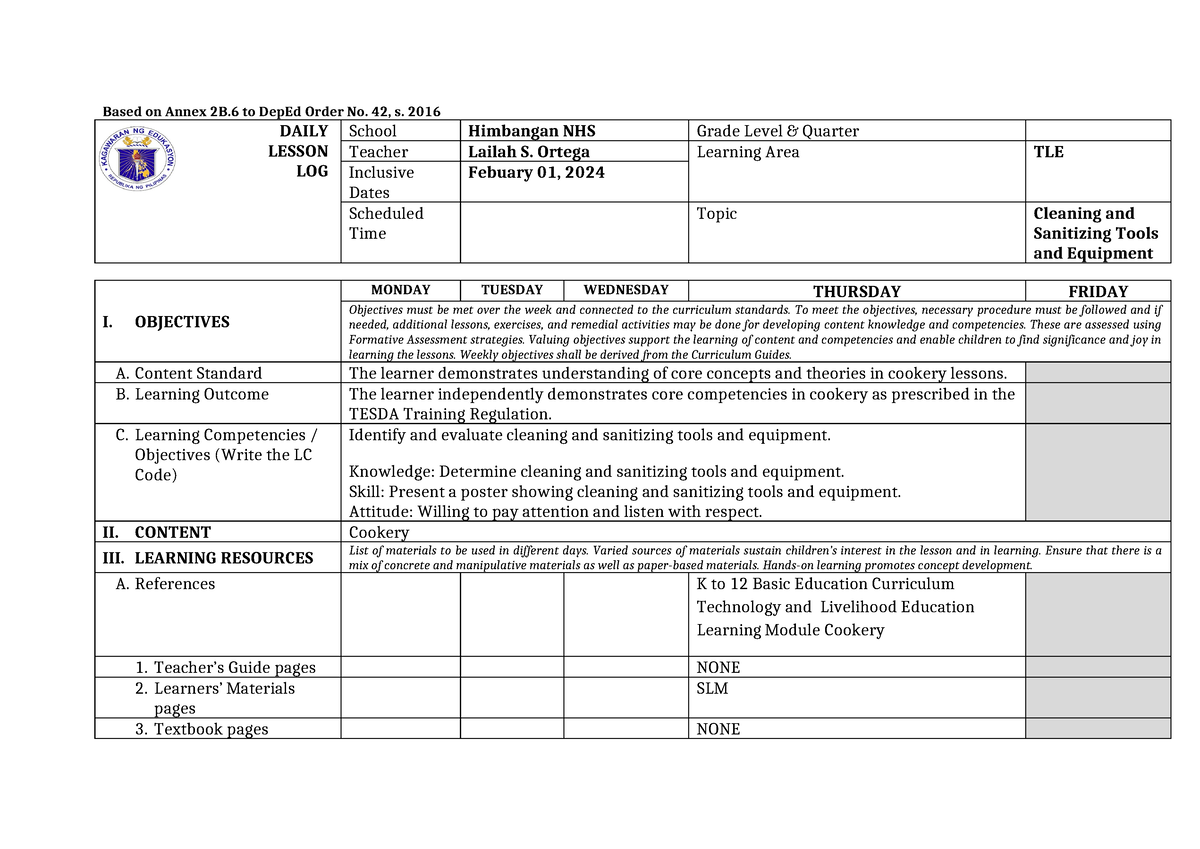 Lesson-PLAN-TLE - n/a - Based on Annex 2B to DepEd Order No. 42, s ...