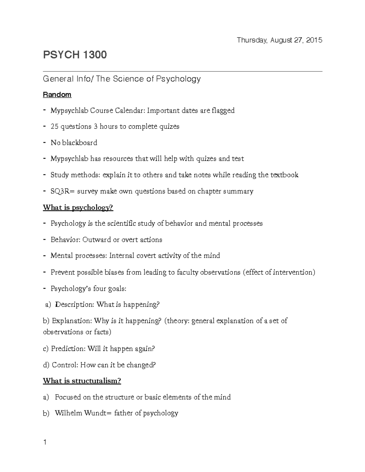 CH.1 Class Notes (The Science Of Psychology) - PSYCH 1300 General Info ...