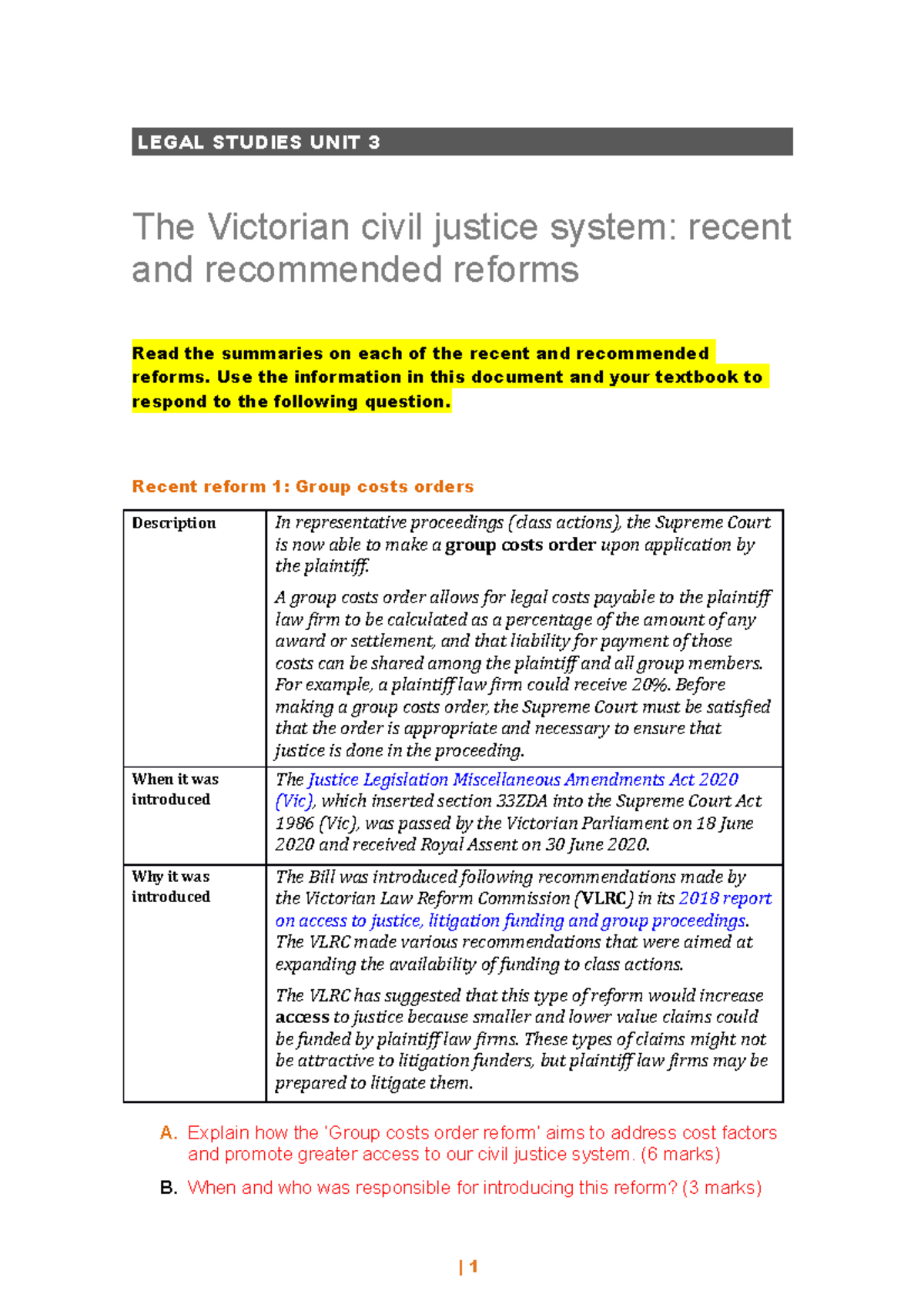 2021 Civil Reforms (recommended and recent) - LEGAL STUDIES UNIT 3 The ...