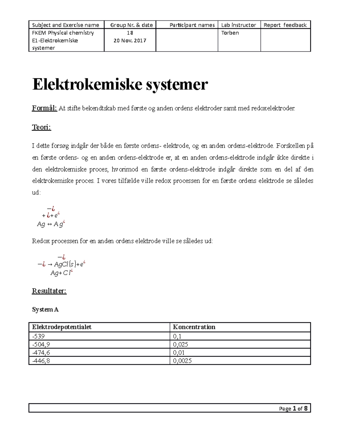 Elektrokemiske systemer Rettet Subject And Exercise Name FKEM 