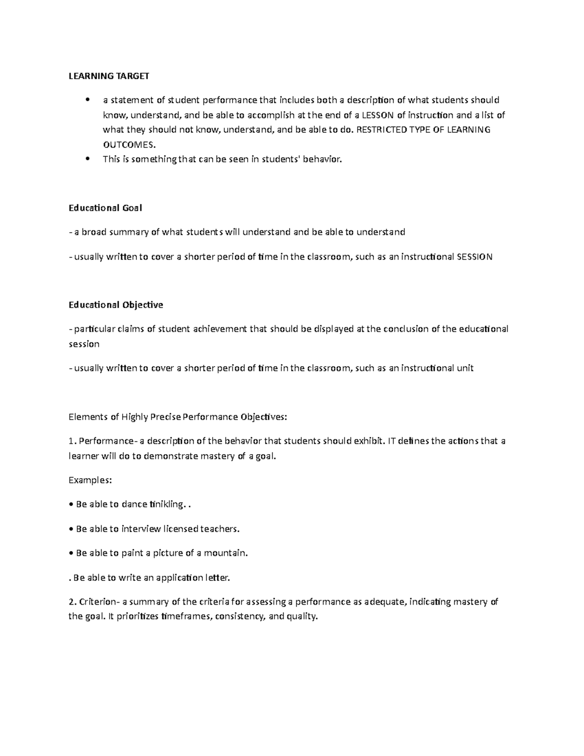 Learning Targets - Lecture notes 1-5 - LEARNING TARGET a statement of ...