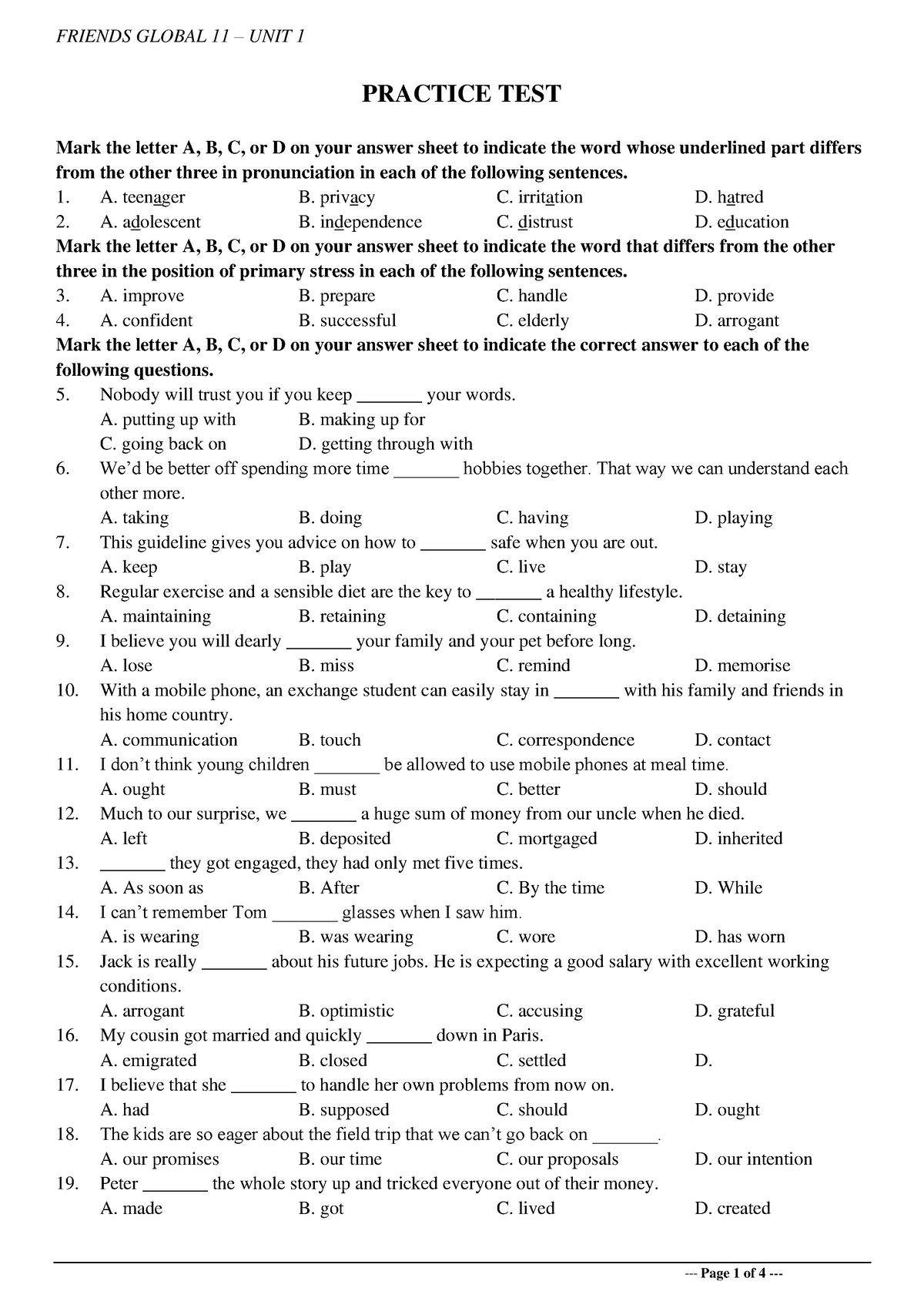 Practice Test - Unit 1 - G11 - PRACTICE TEST Mark The Letter A, B, C ...