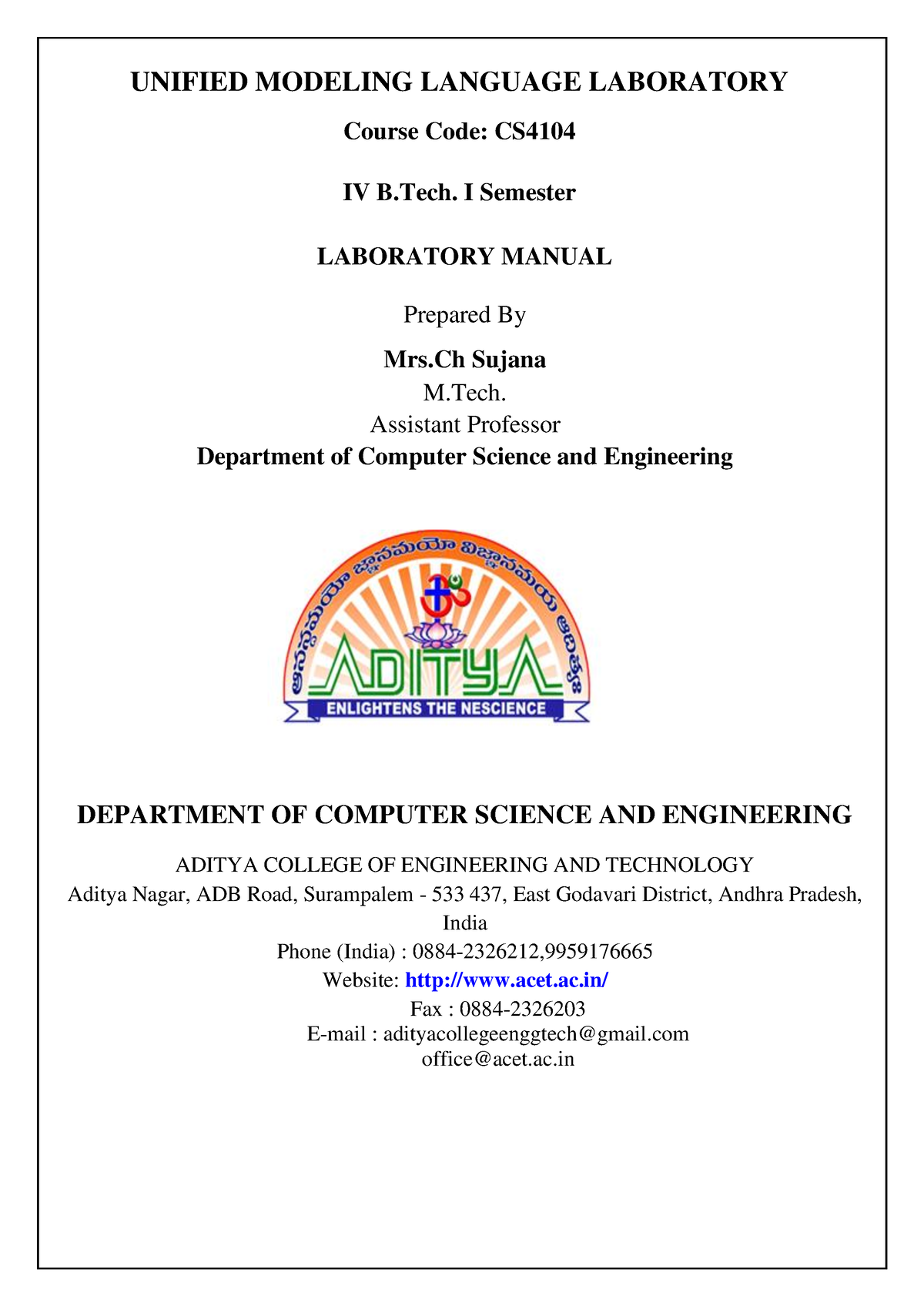 R19 UML LAB Manual Course Code CS IV B. I Semester LABORATORY MANUAL