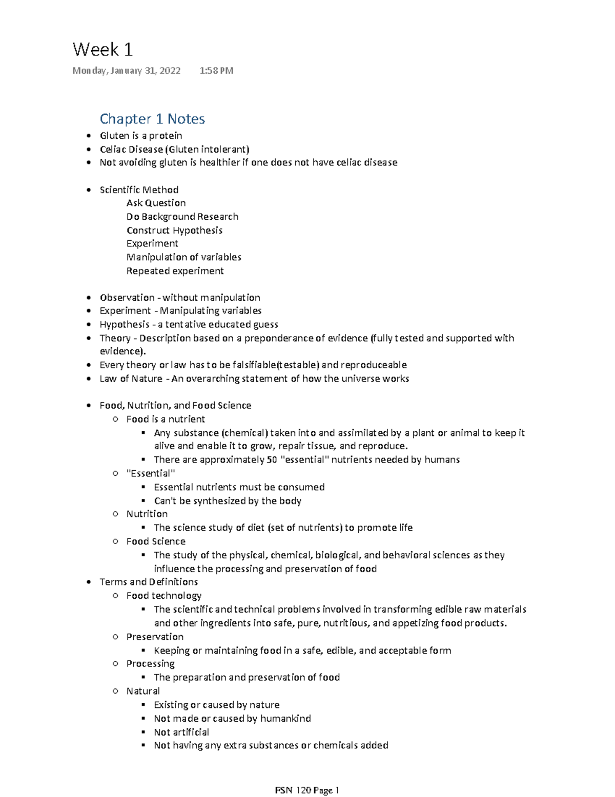 Introduction to Food Science Week 1 - Chapter 1 Notes Gluten is a ...