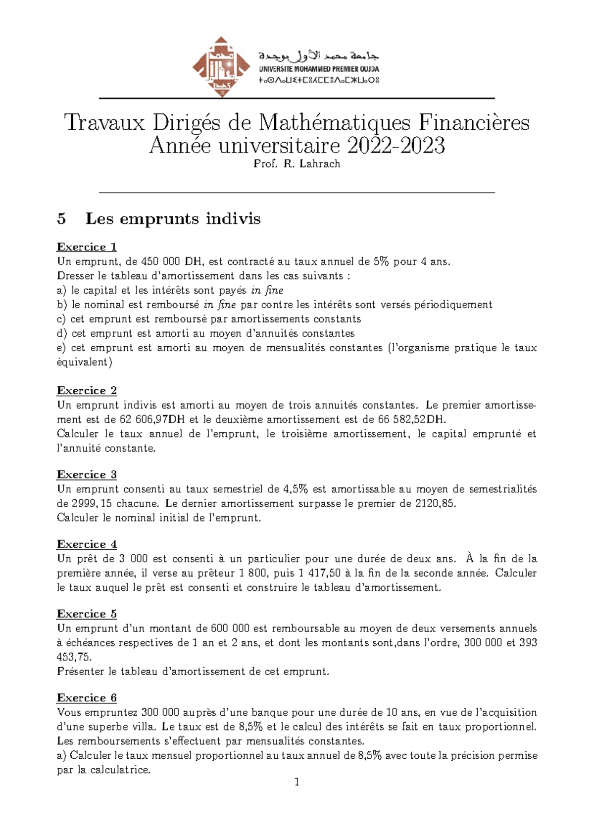 TD5 Emprunts Indivis Exe 2022-2023 - Travaux Dirig ́es De Math ...