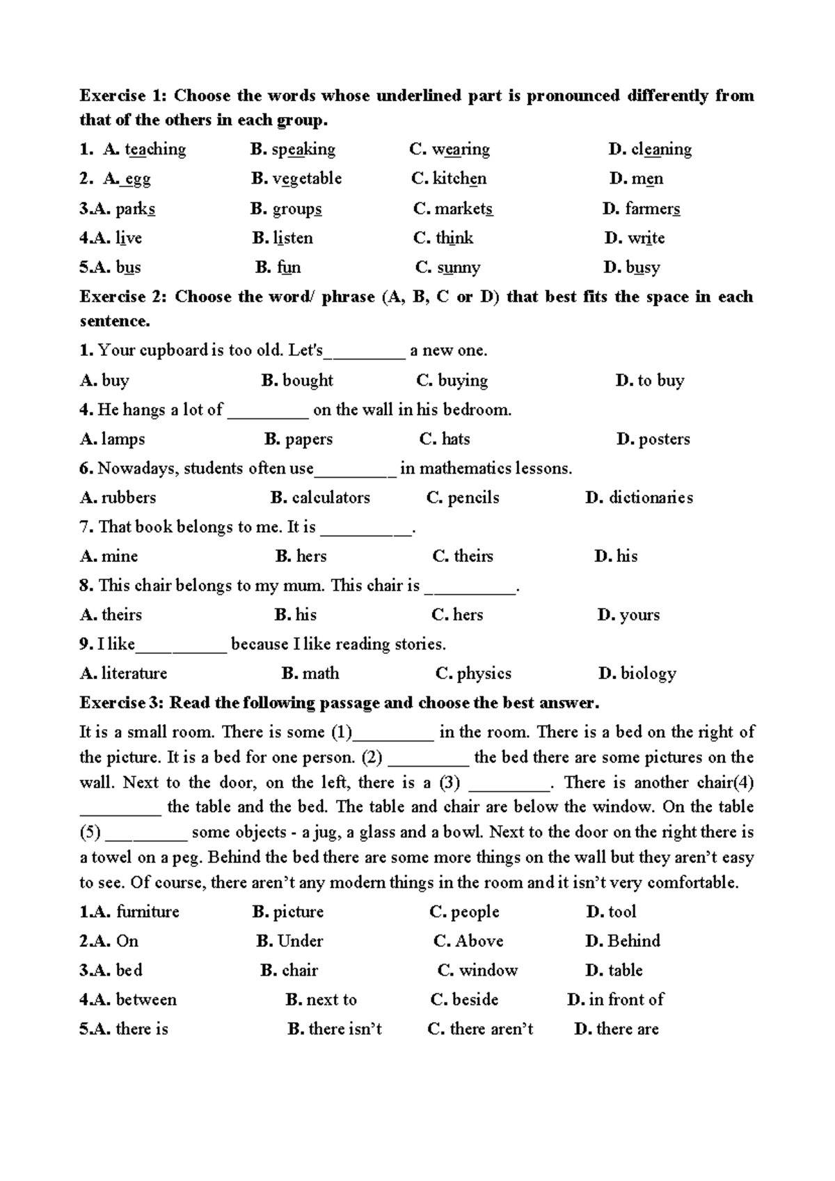 đè Thi Gk - Exercise 1: Choose The Words Whose Underlined Part Is ...