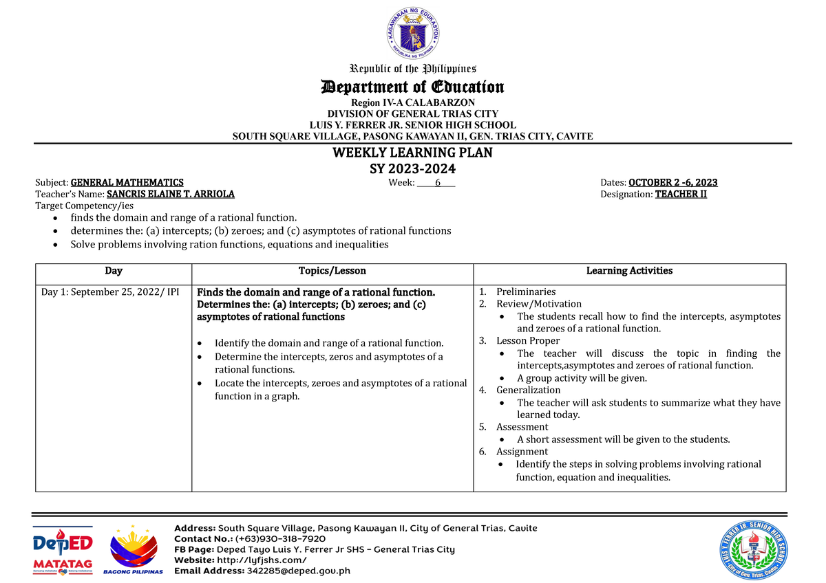 WLP GM W6 Q1 Arriola - WLP IN GENERAL MATHEMATICS - Republic of the ...