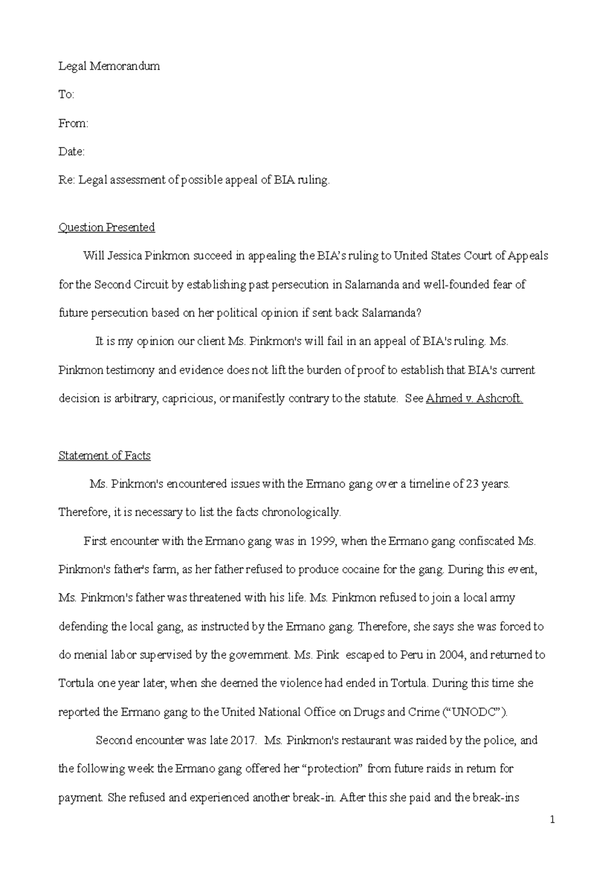 Memo - legal writing - Legal Memorandum To: From: Date: Re: Legal ...