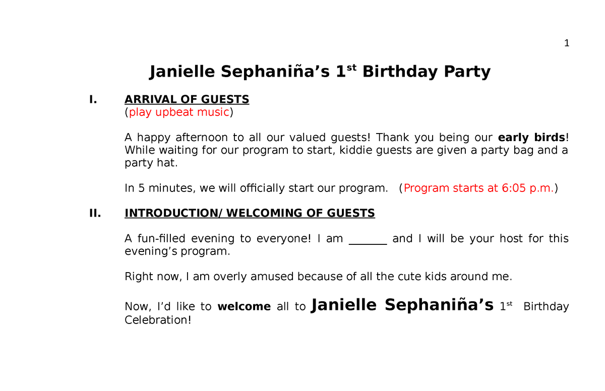 422878620 1St Birthday Script - Janielle Sephaniña'S 1St Birthday Party I.  Arrival Of Guests (Play - Studocu
