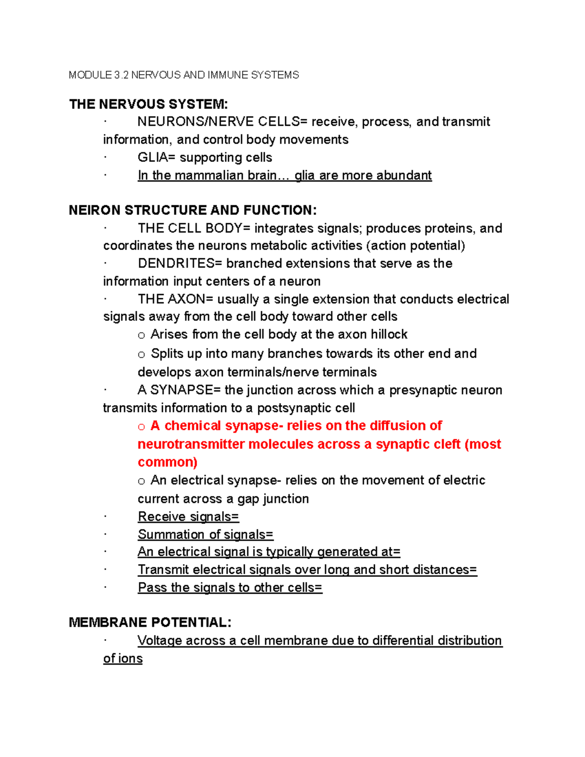 BIO102 Notes 5 - MODULE 3 NERVOUS AND IMMUNE SYSTEMS THE NERVOUS SYSTEM ...