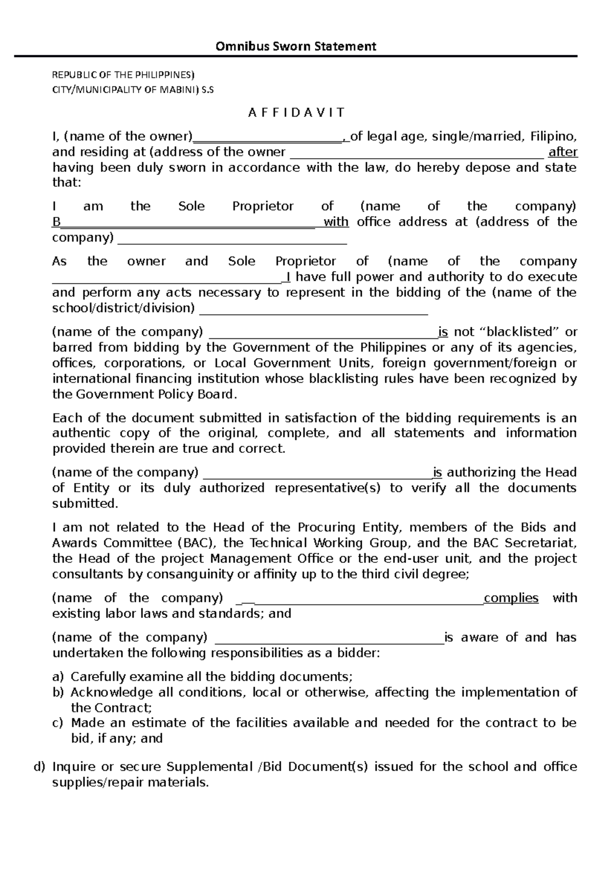 Omnibus Sworn Statement - Omnibus Sworn Statement REPUBLIC OF THE ...