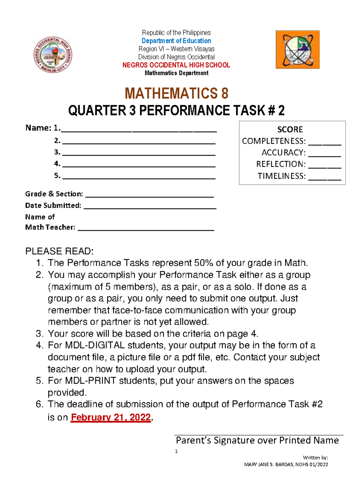 Mathematics Performance Task - 1 Written by: Republic of the ...