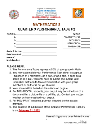 Mathematics Performance task - Republic of the Philippines Department ...