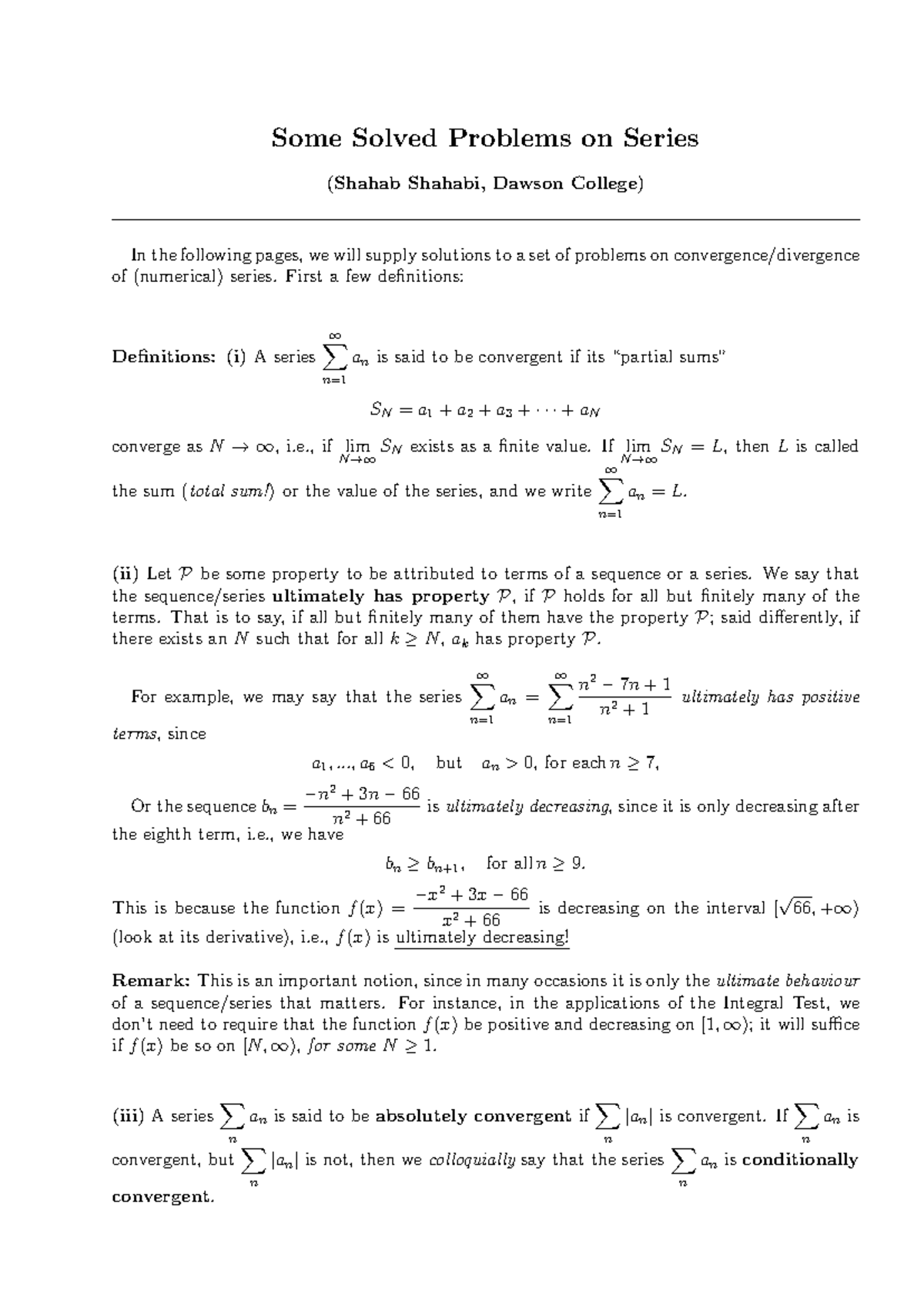 Solved Problems on Numerical Series (MATH 101) - Some Solved Problems ...