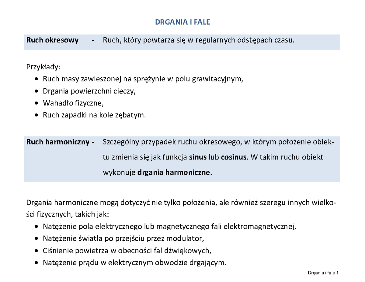 Z10-Drgania i fale (01-17) - DRGANIA I FALE Ruch okresowy ‐ - Studocu