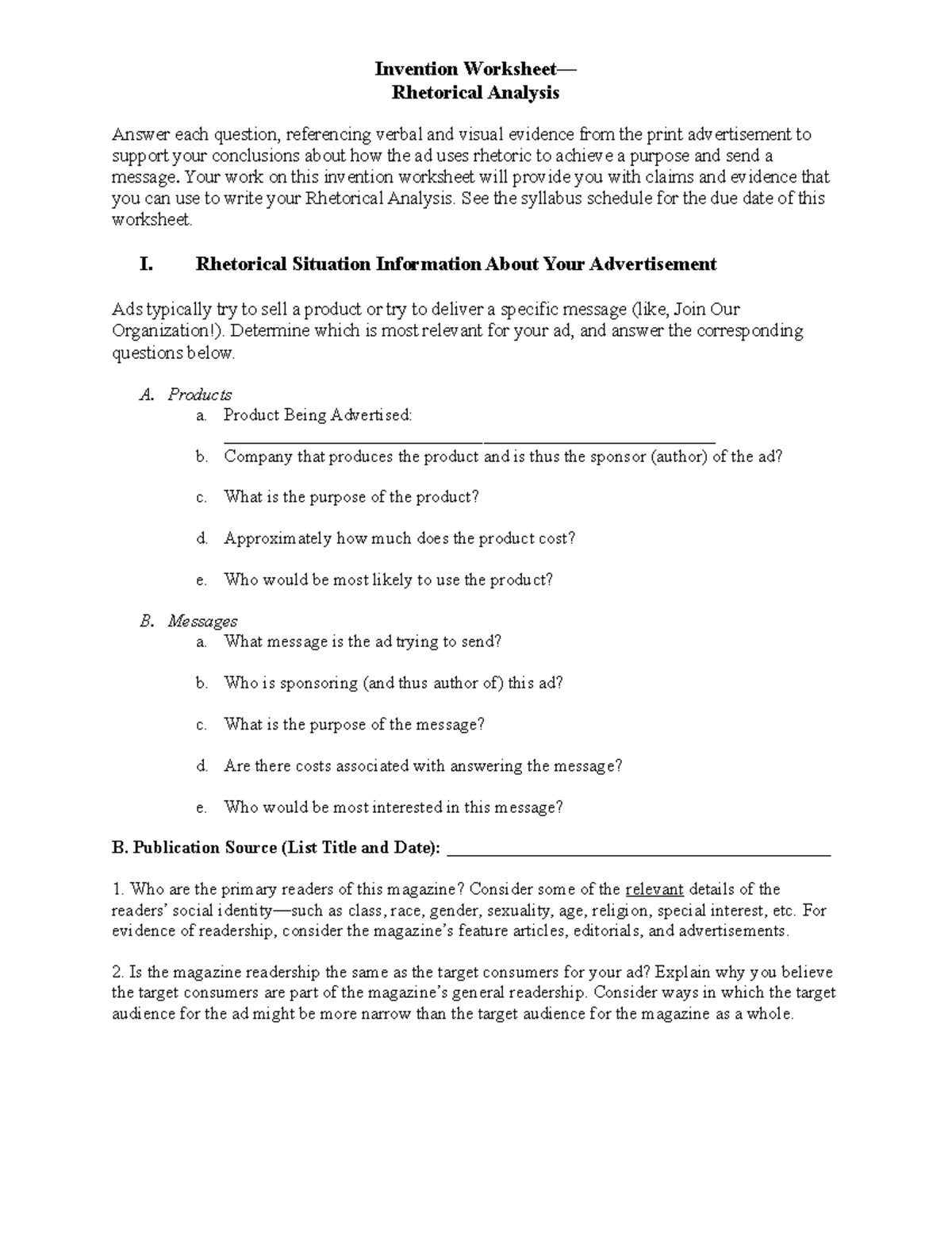 F20 ENG 180 Rhetorical Analysis Invention Worksheet - Invention ...