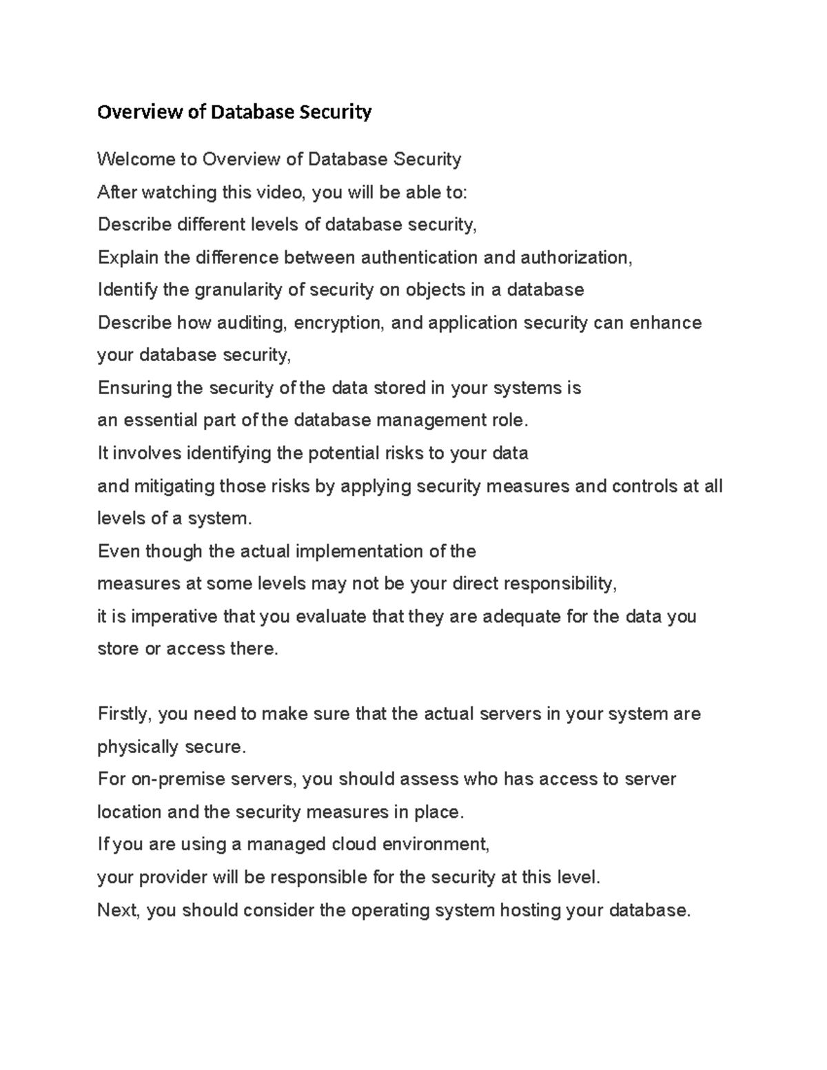 Overview of Database Security - It involves identifying the potential ...