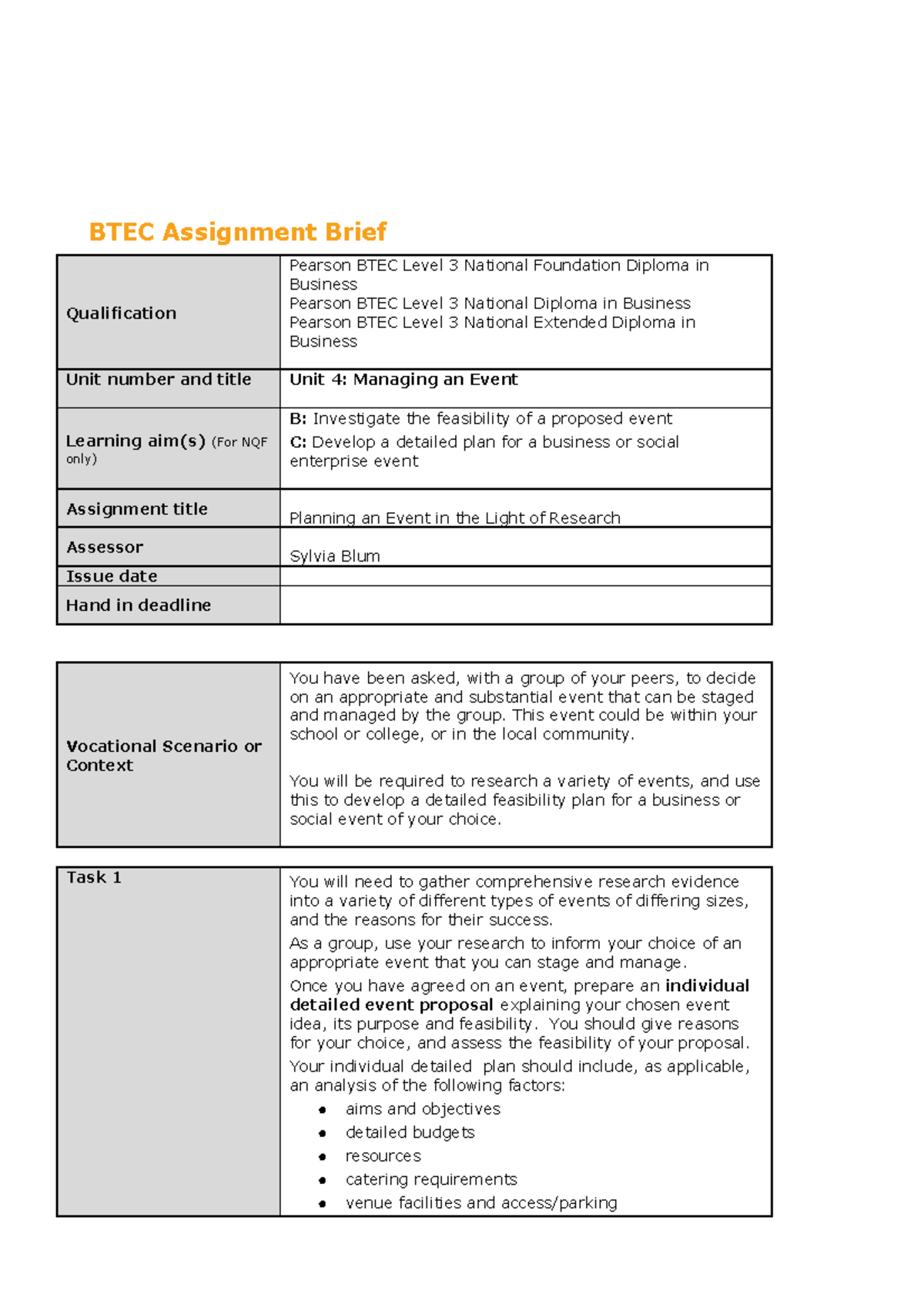 Authorised Assignment Brief For Learning Aim B And C - Unit 4 Managing ...