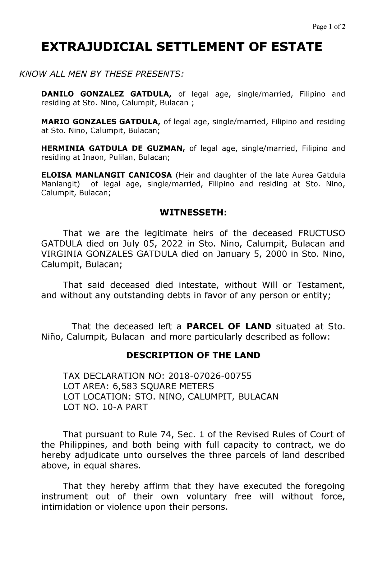 Extrajudicial Settlement OF Estate- gatdula - Page 1 of 2 EXTRAJUDICIAL ...