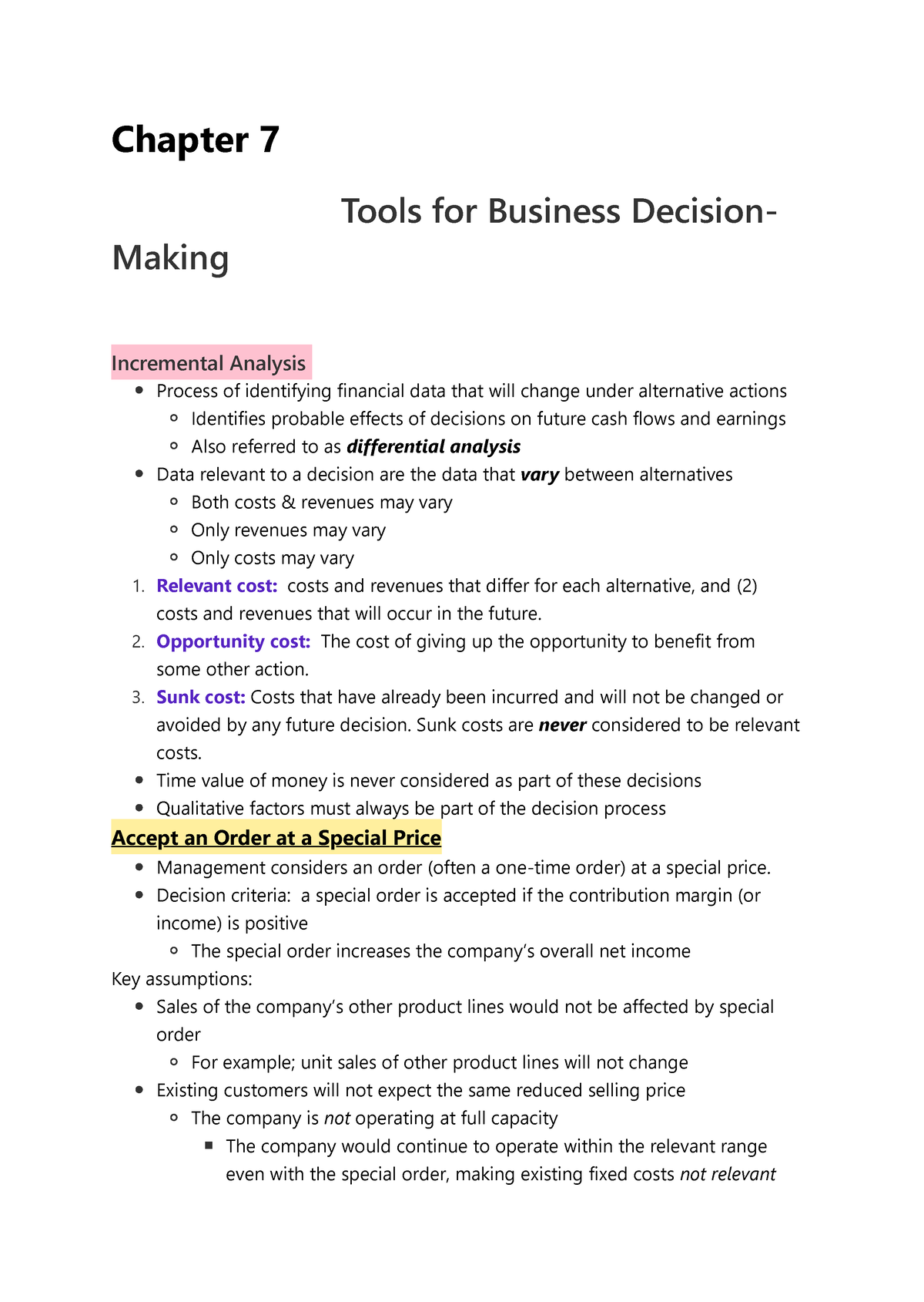 Chapter 7 Incremental Analysis - Chapter 7 Tools For Business Decision ...