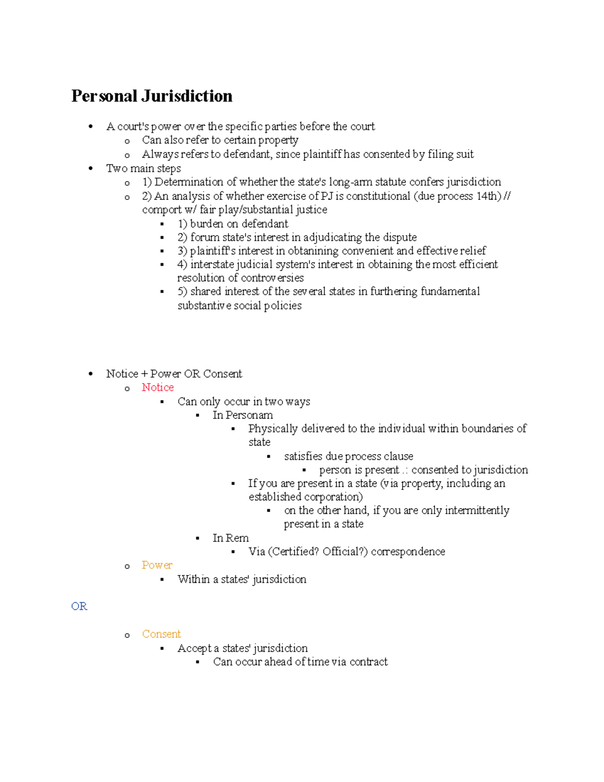 Civ Pro 1 Outline - Civil Procedure 1 - Personal Jurisdiction A Court's ...