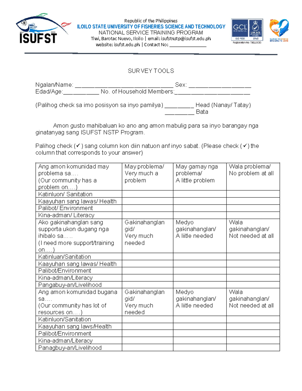 NSTP-Survey-Form - Survey form - Republic of the Philippines ILOILO ...